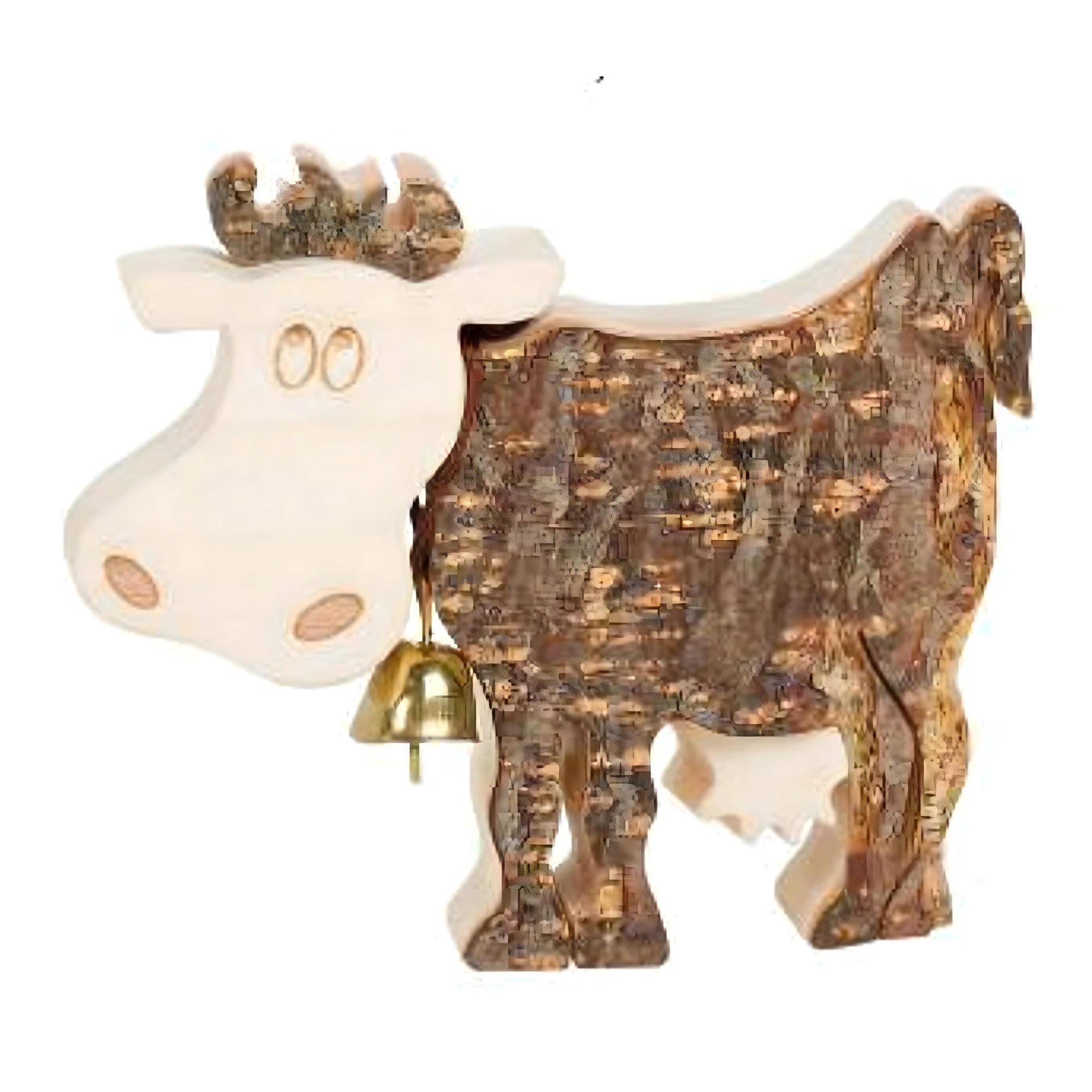 Stylized Wooden Cow with Natural Bark and Bell Dolfi
