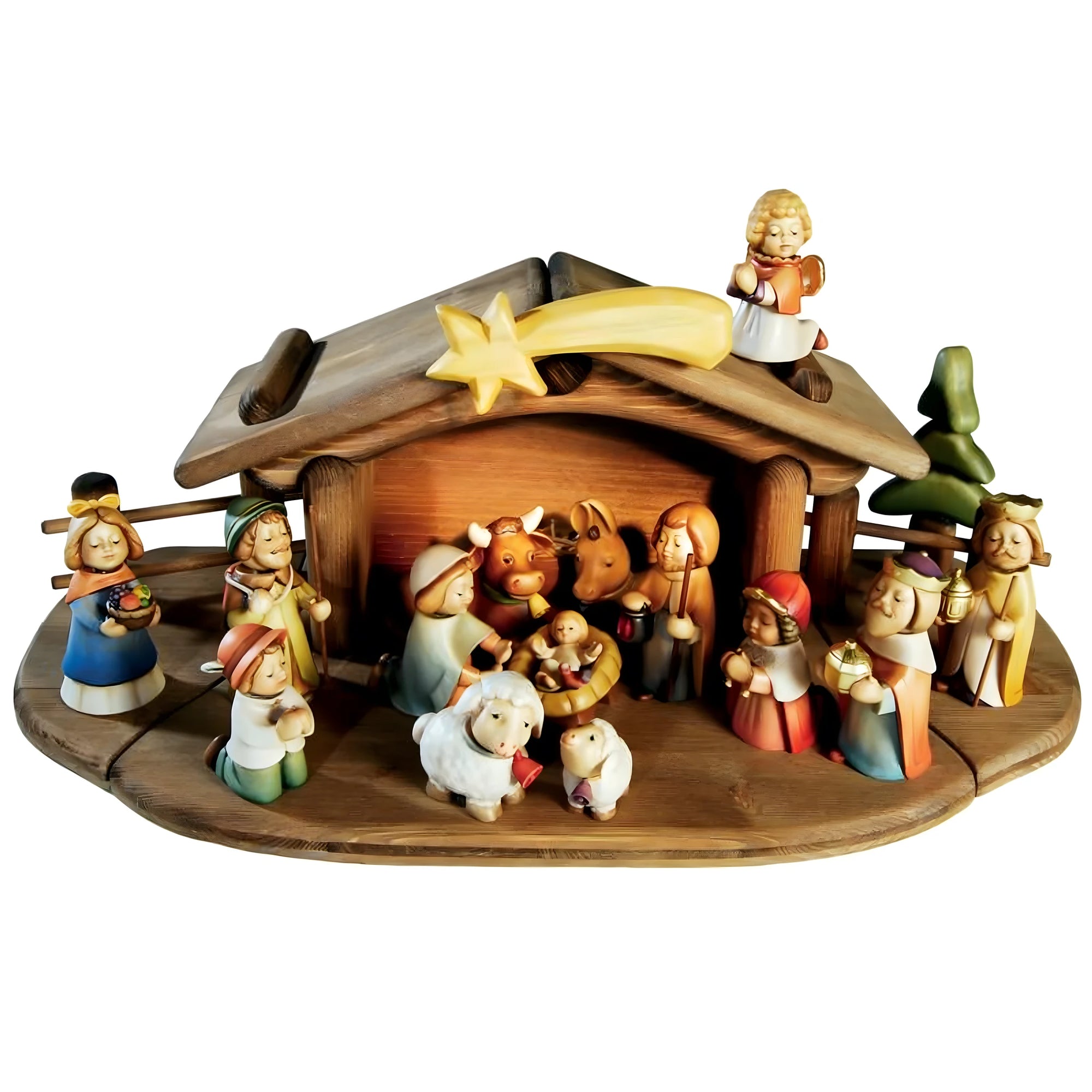 Aurora" Handmade Nativity Scene with Stable and 14 Wooden Figures