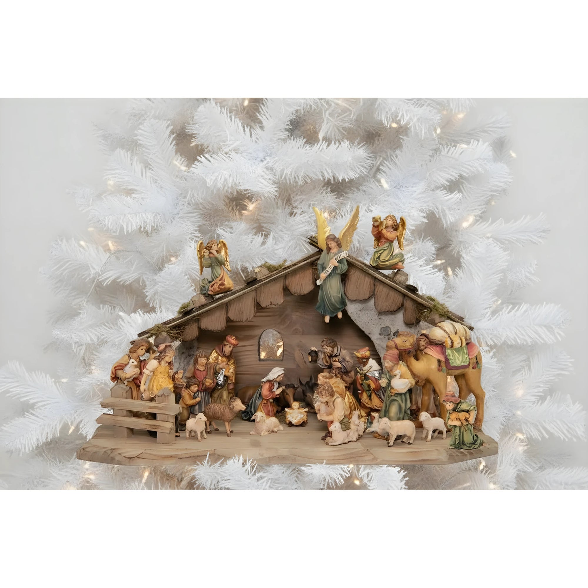 Handmade Wooden Nativity Scene | Complete Set with Stable and 24 Colored Figures
