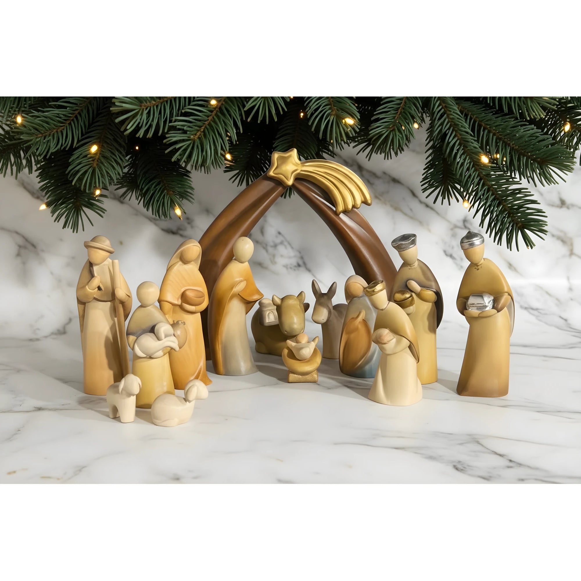 Natività Moderna in Legno d'Acero: Presepe Completo Stilizzato ed Elegante