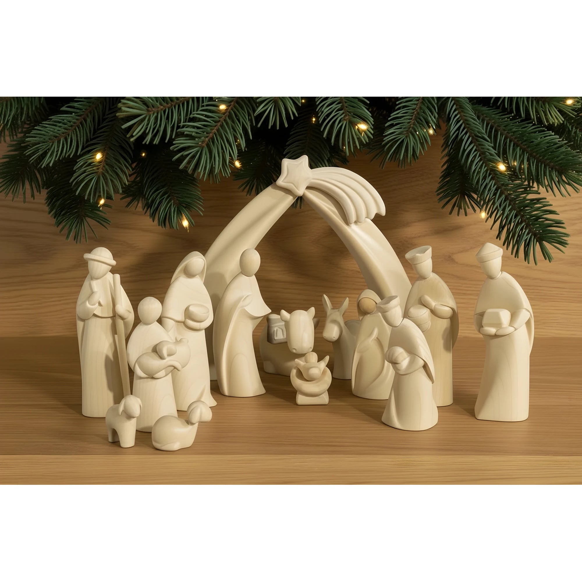 Natività Moderna in Legno d'Acero: Presepe Completo Stilizzato ed Elegante