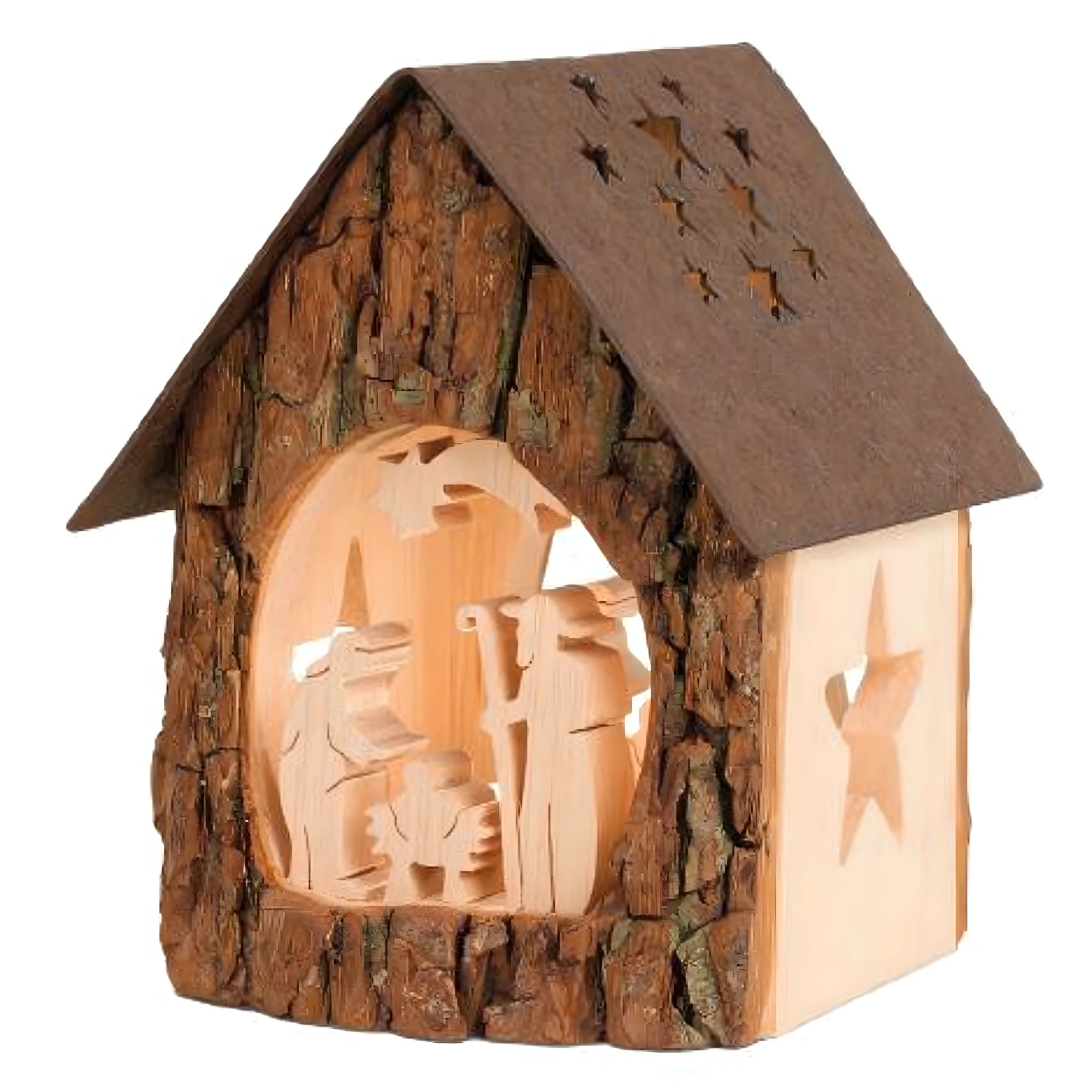 Nativity Scene Carved in Rustic Wood and Bark House | Val Gardena Handicraft