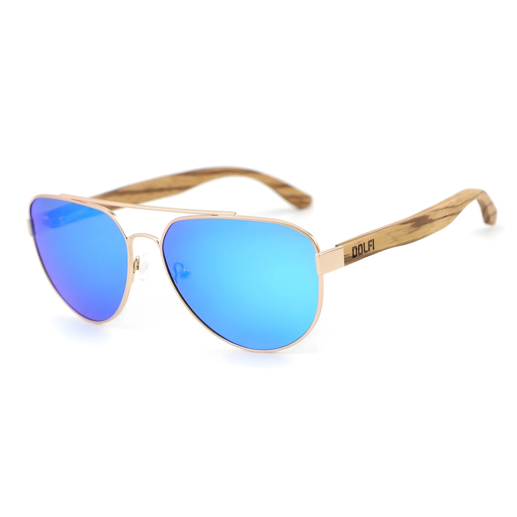 Sonnenbrille Aviator, polarisierte blaue Gläser und Details aus Naturholz
