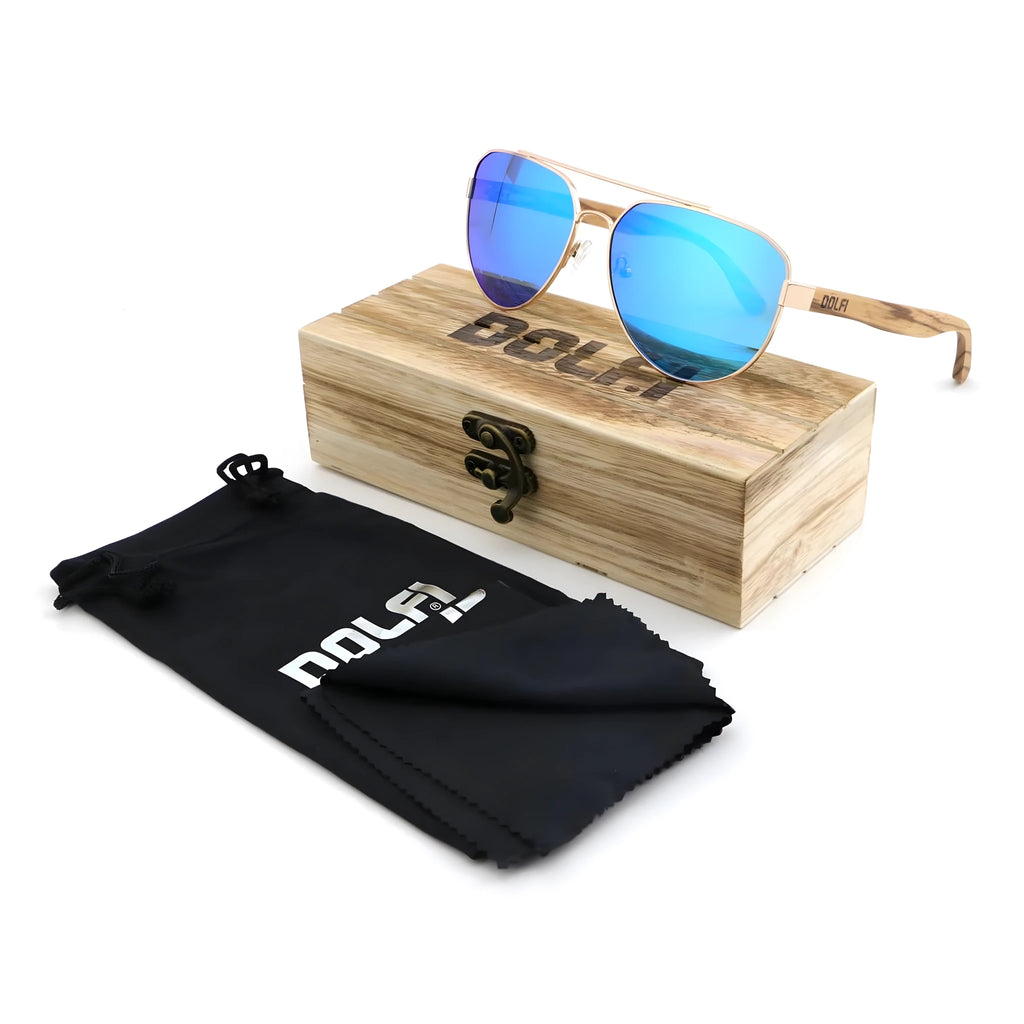 Sonnenbrille Aviator, polarisierte blaue Gläser und Details aus Naturholz