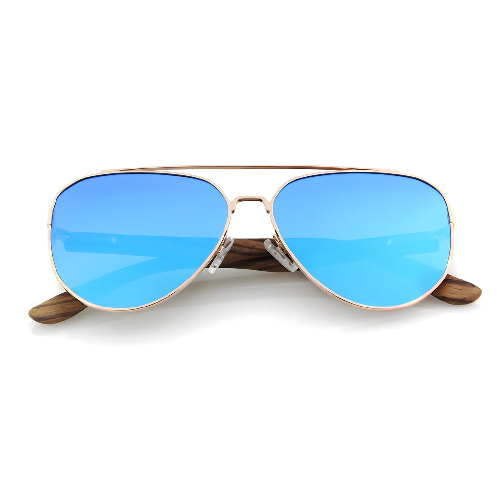 Sonnenbrille Aviator, polarisierte blaue Gläser und Details aus Naturholz