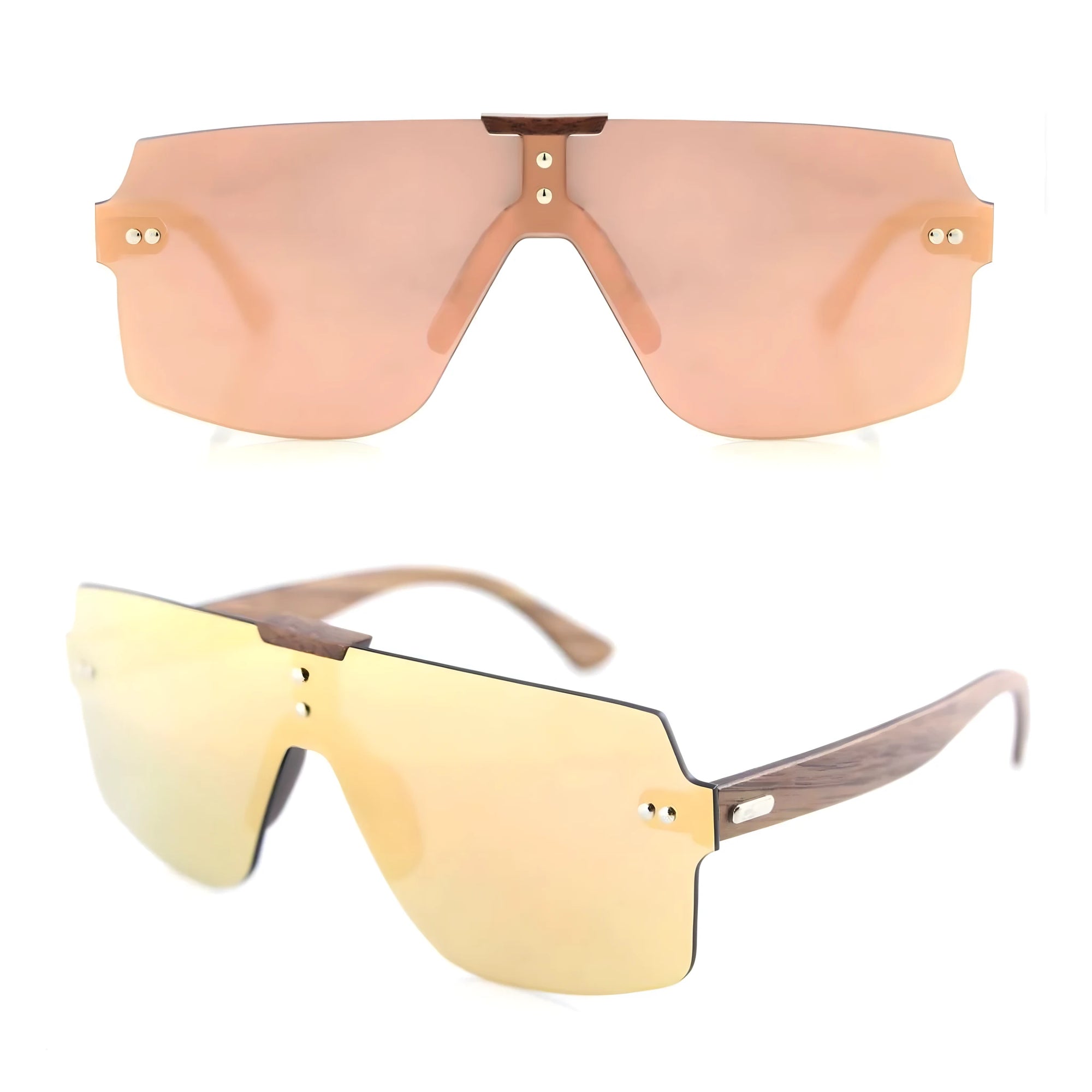 Men's Sunglasses with Natural Wood Frame and Rosé Effect Mirrored Lenses