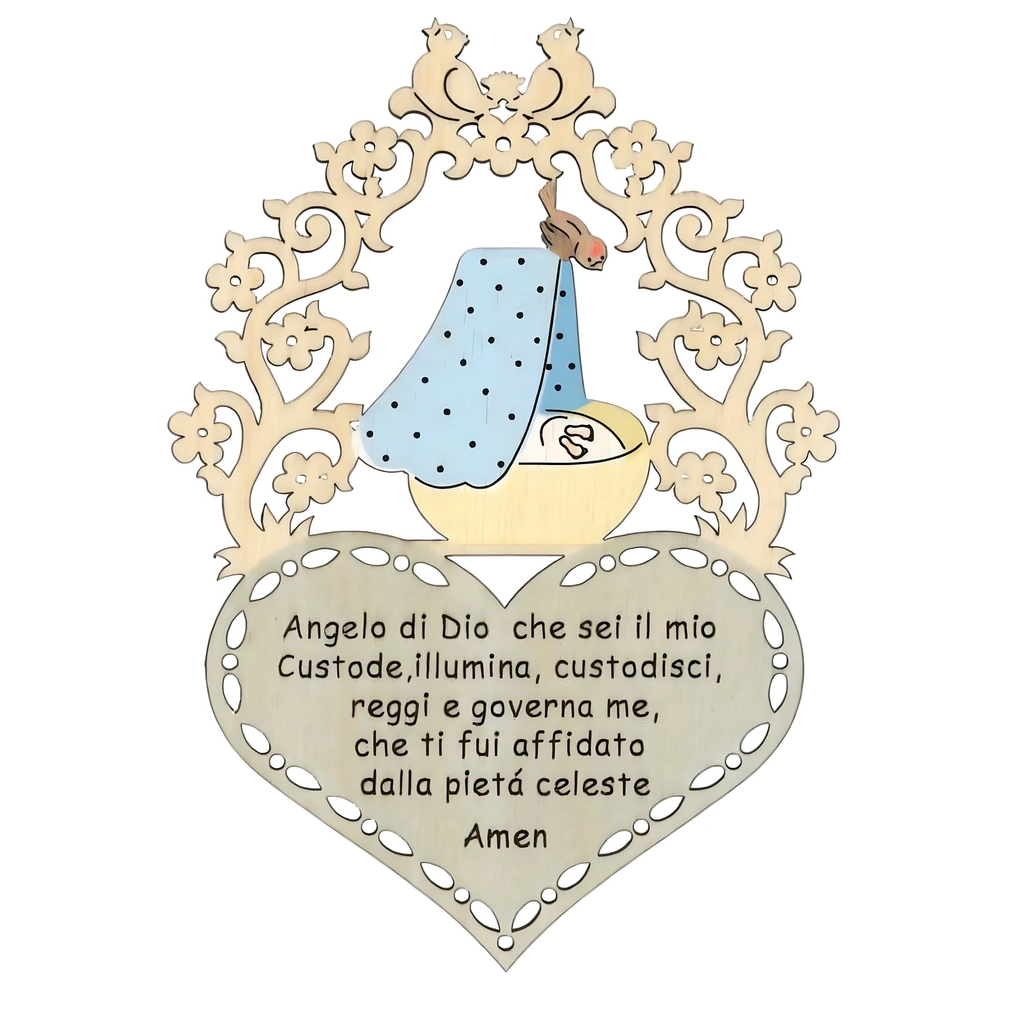 Maple Wood Guardian Angel and Prayer Ornament for Newborn 14 cm