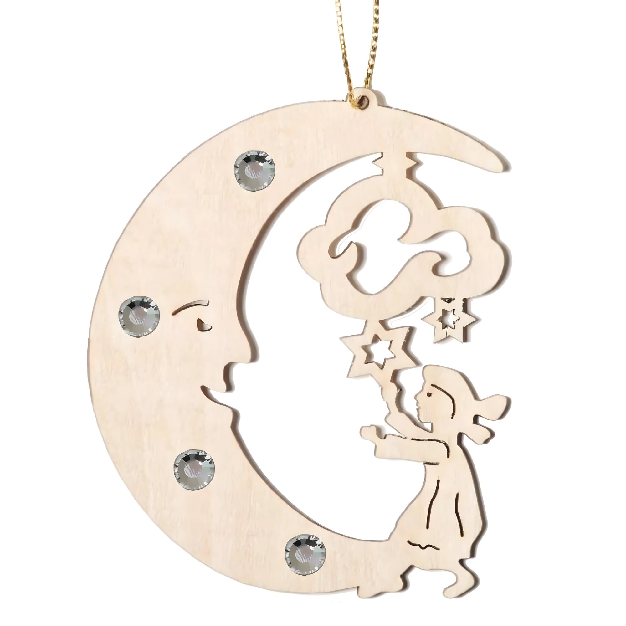Addobbo in Legno d'Acero – Luna con Angelo e Cristalli | 7 cm