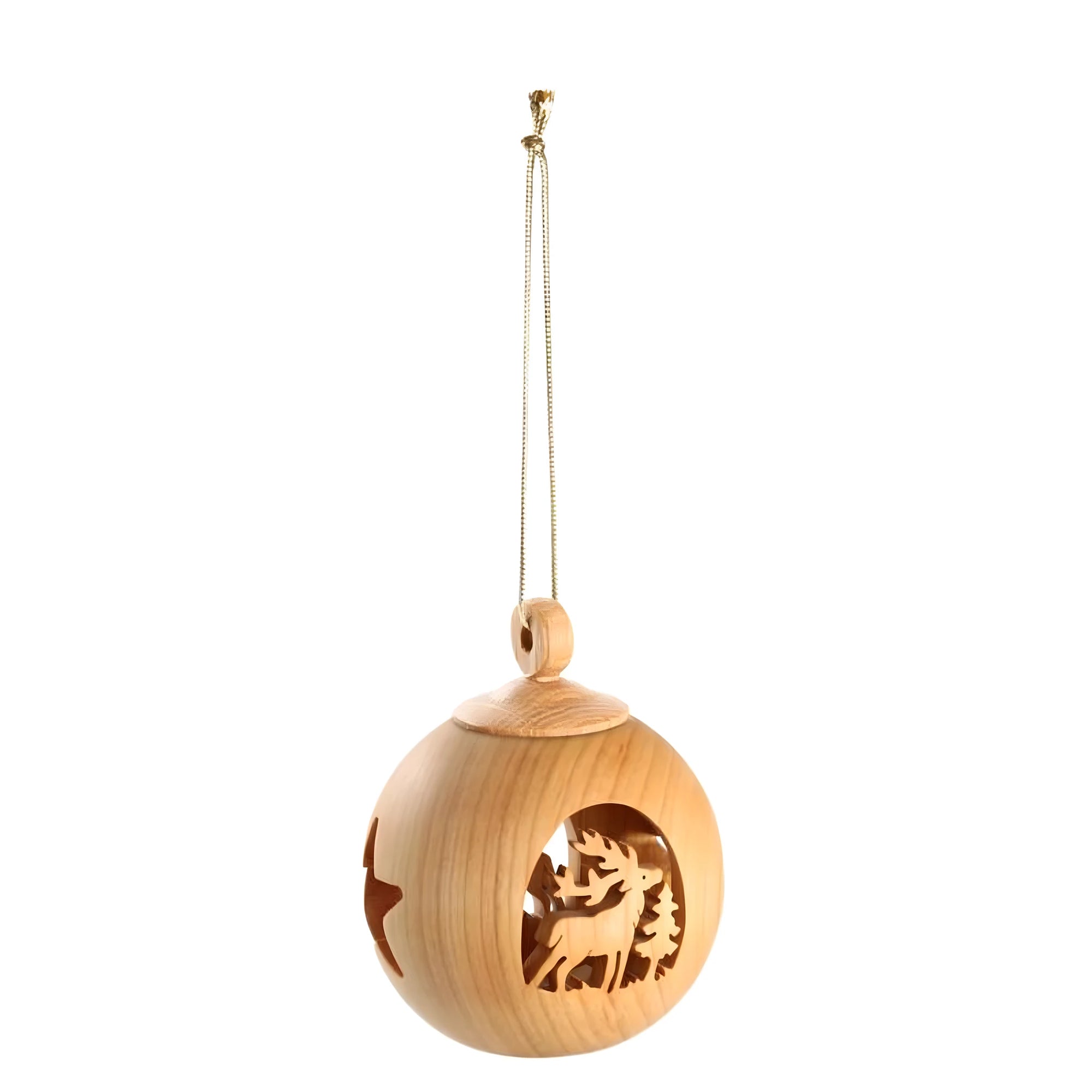Ornamento Natalizio Sfera Cava in Legno d'Acero con Cervo Intagliato