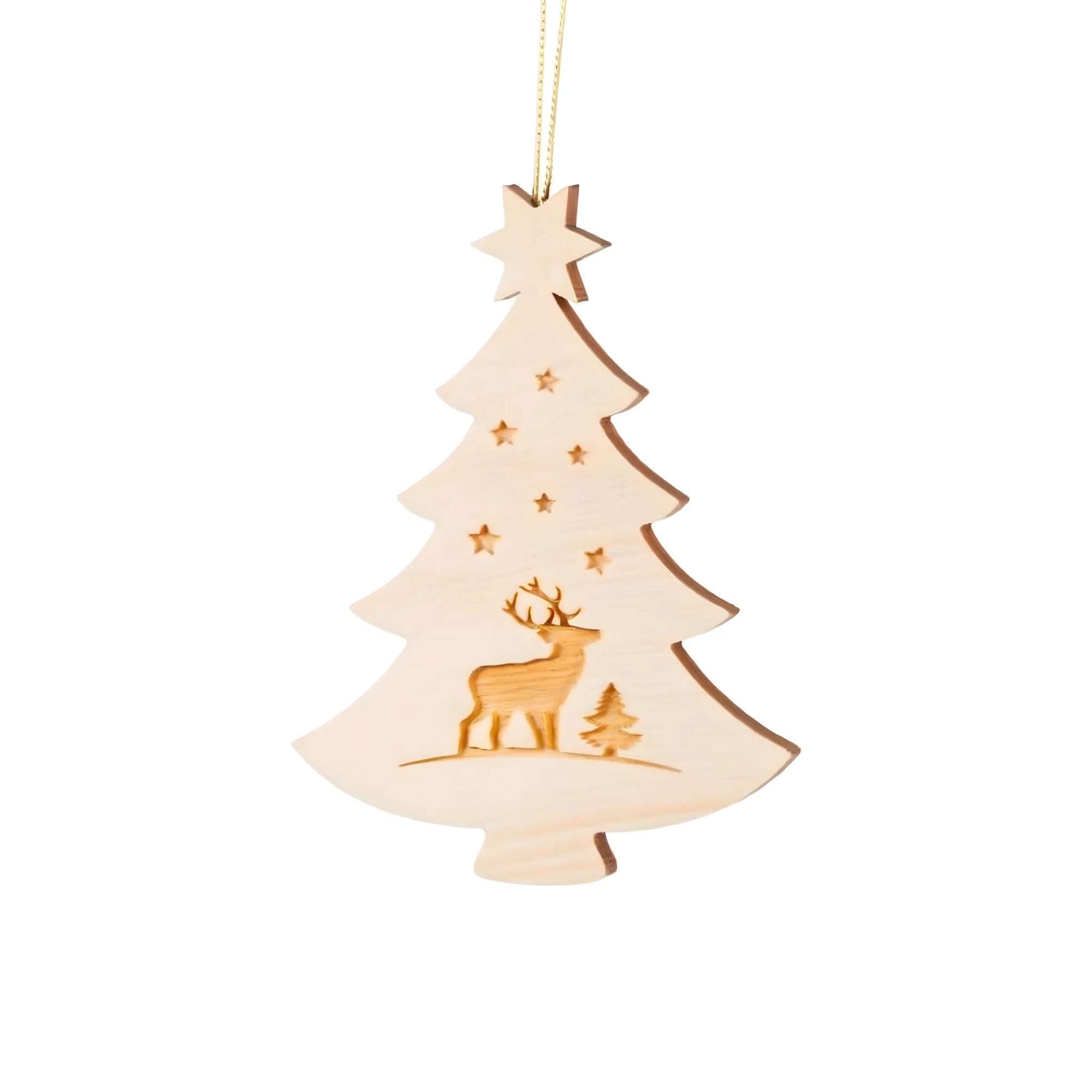 Swiss Stone Pine Christmas Ornament: Stylized Tree and Alpine Deer