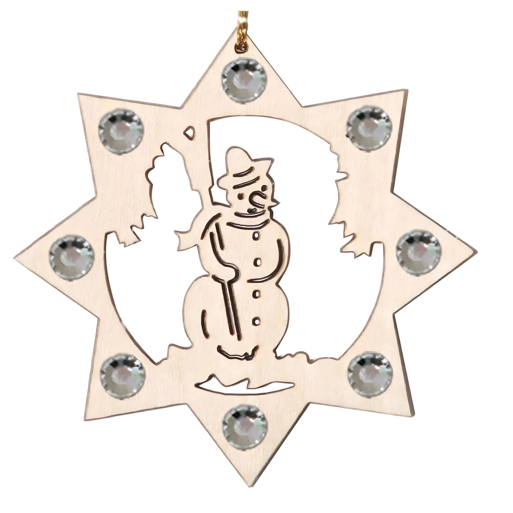 Ornamento Natalizio in Legno a Stella con Pupazzo di Neve Intagliato e Dettagli Luminosi
