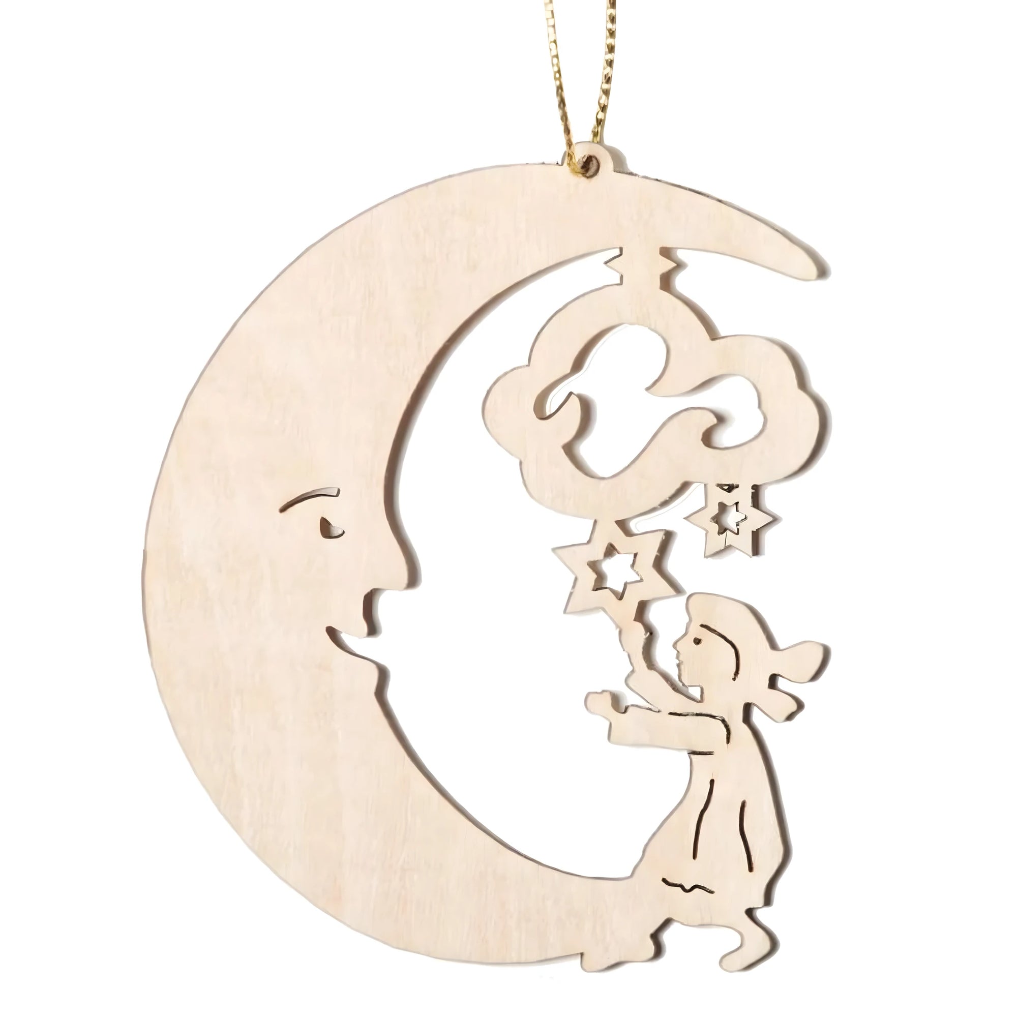 Moon with Baby" Hanging Ornament in Natural Val Gardena Wood