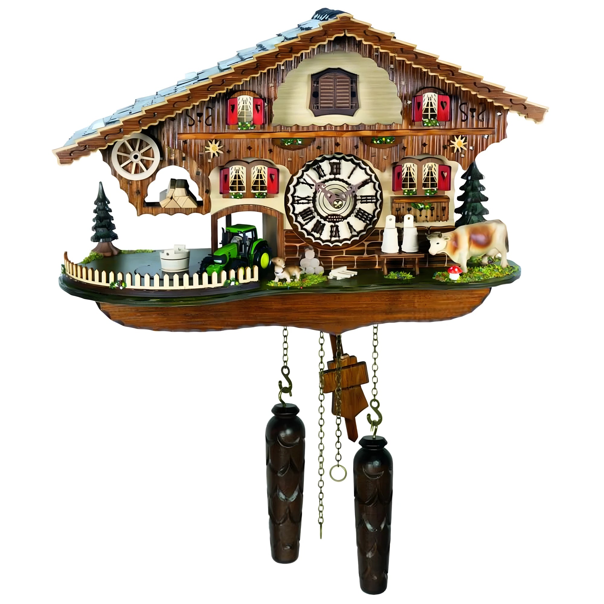 Horloge Coucou Originale en Bois Sculpté Scène Alpine, Val Gardena