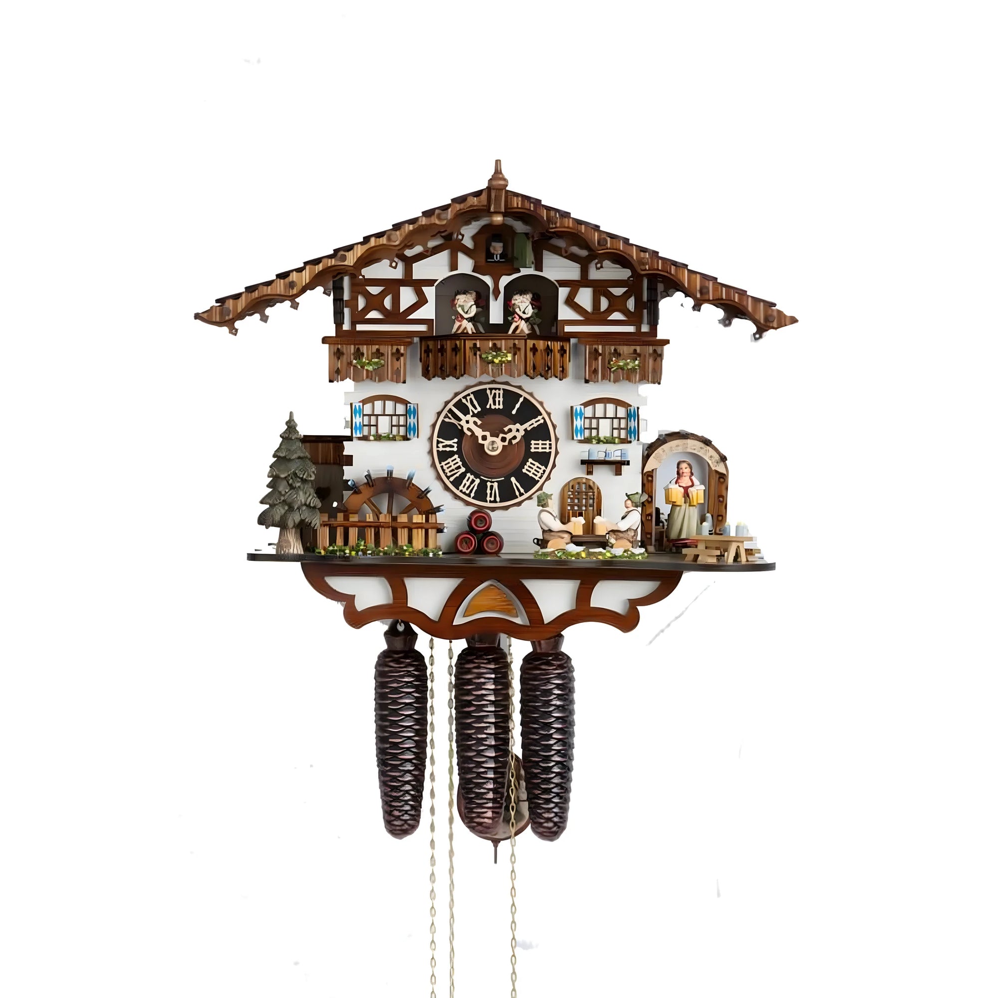 Handcrafted Cuckoo Clock Chalet with Tavern Scene – Maple Wood 40 cm