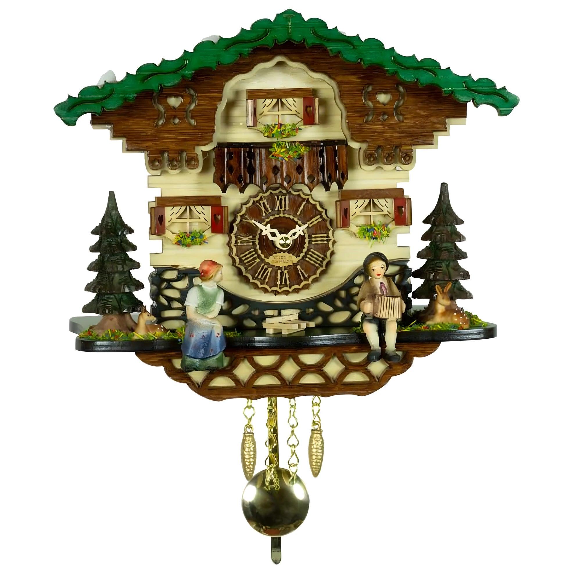 Handgefertigte Kuckucksuhr "Heidi und Peter" mit Alpenmotiv - Kuckuck und geschnitzte Details