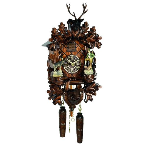 Handcrafted Val Gardena Cuckoo Clock in Carved Wood with Hunting