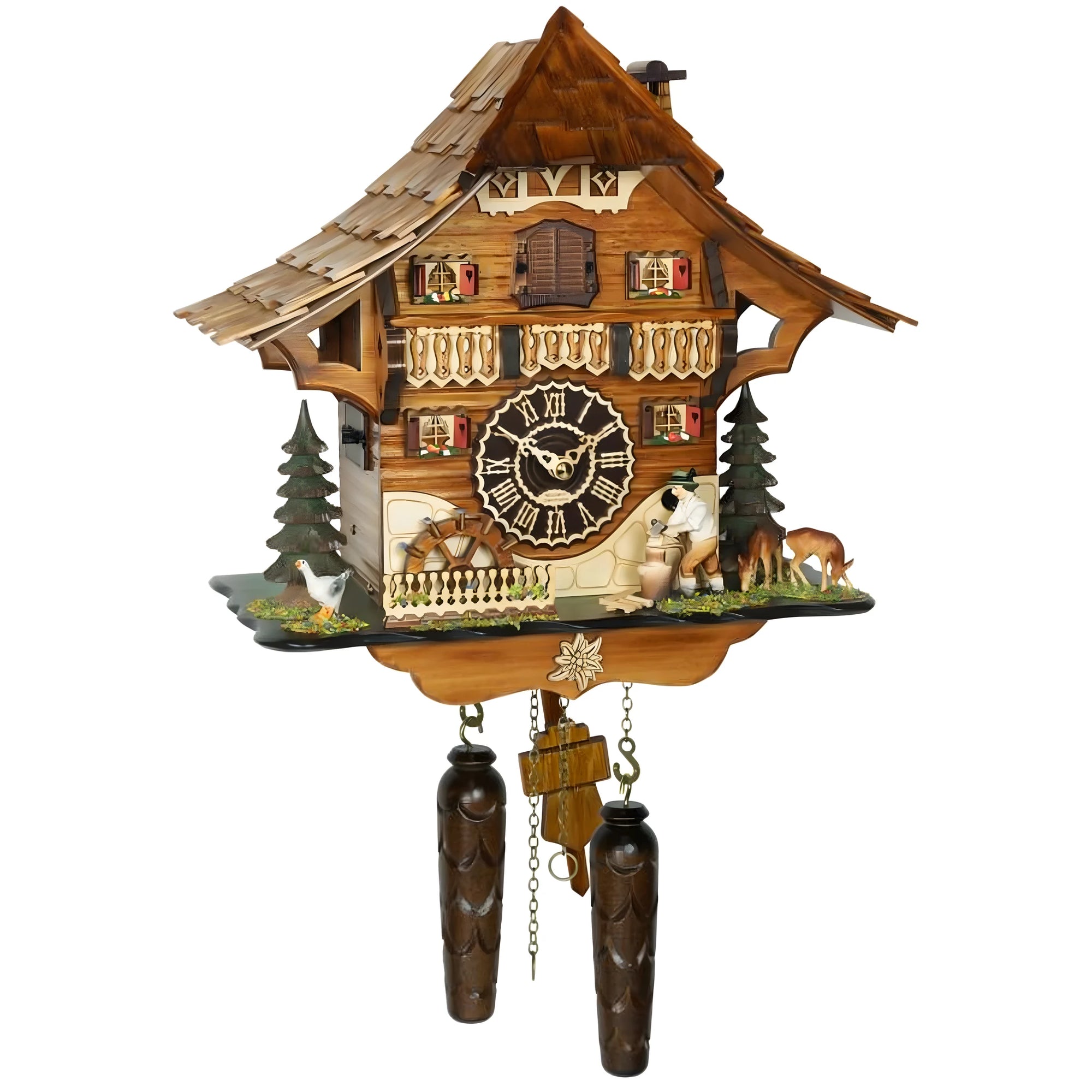 Reloj de cuco artesanal de madera estilo chalet con escena de la Selva Negra