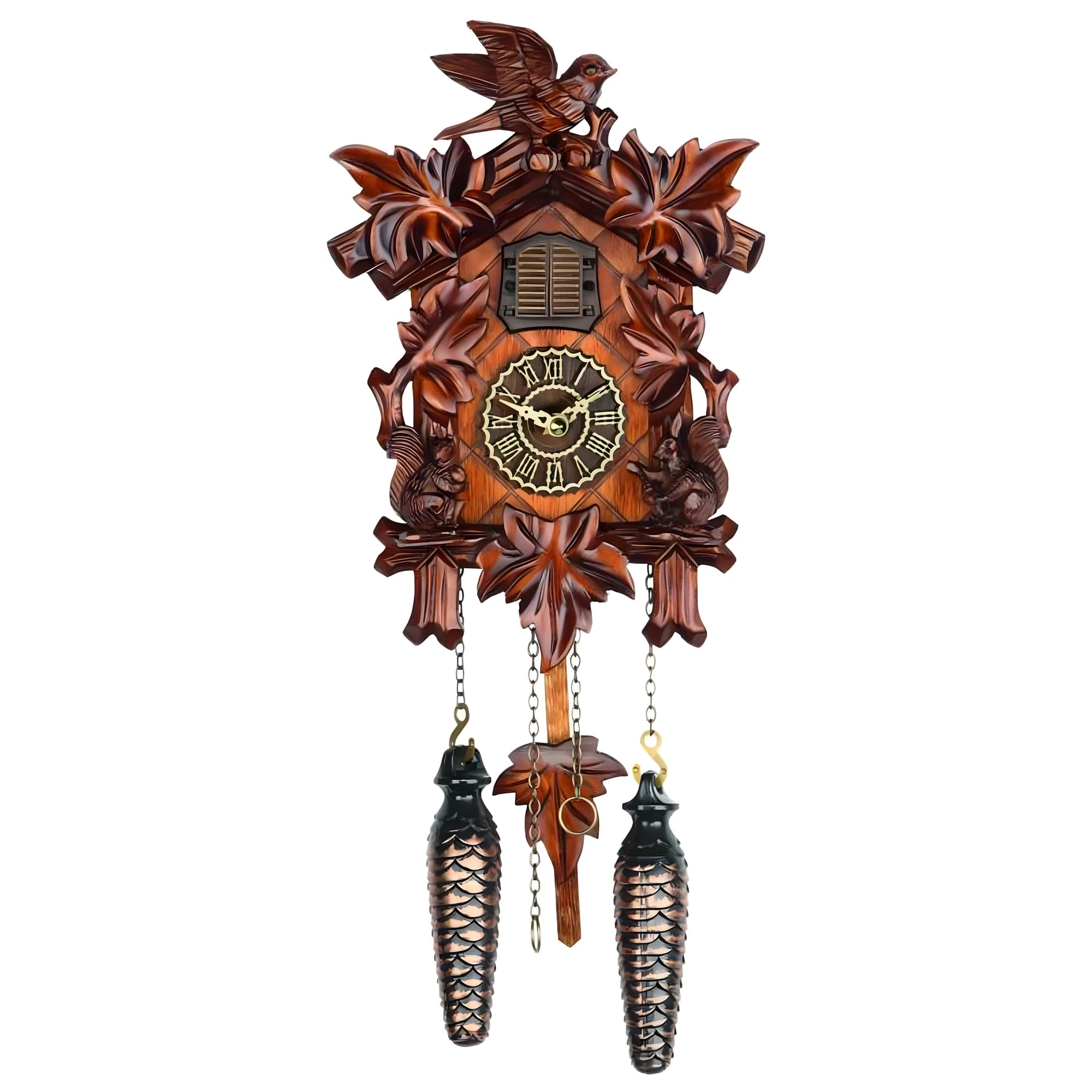 Horloge à Coucou Artisanale en Bois avec Sculptures Forestières et Écureuils