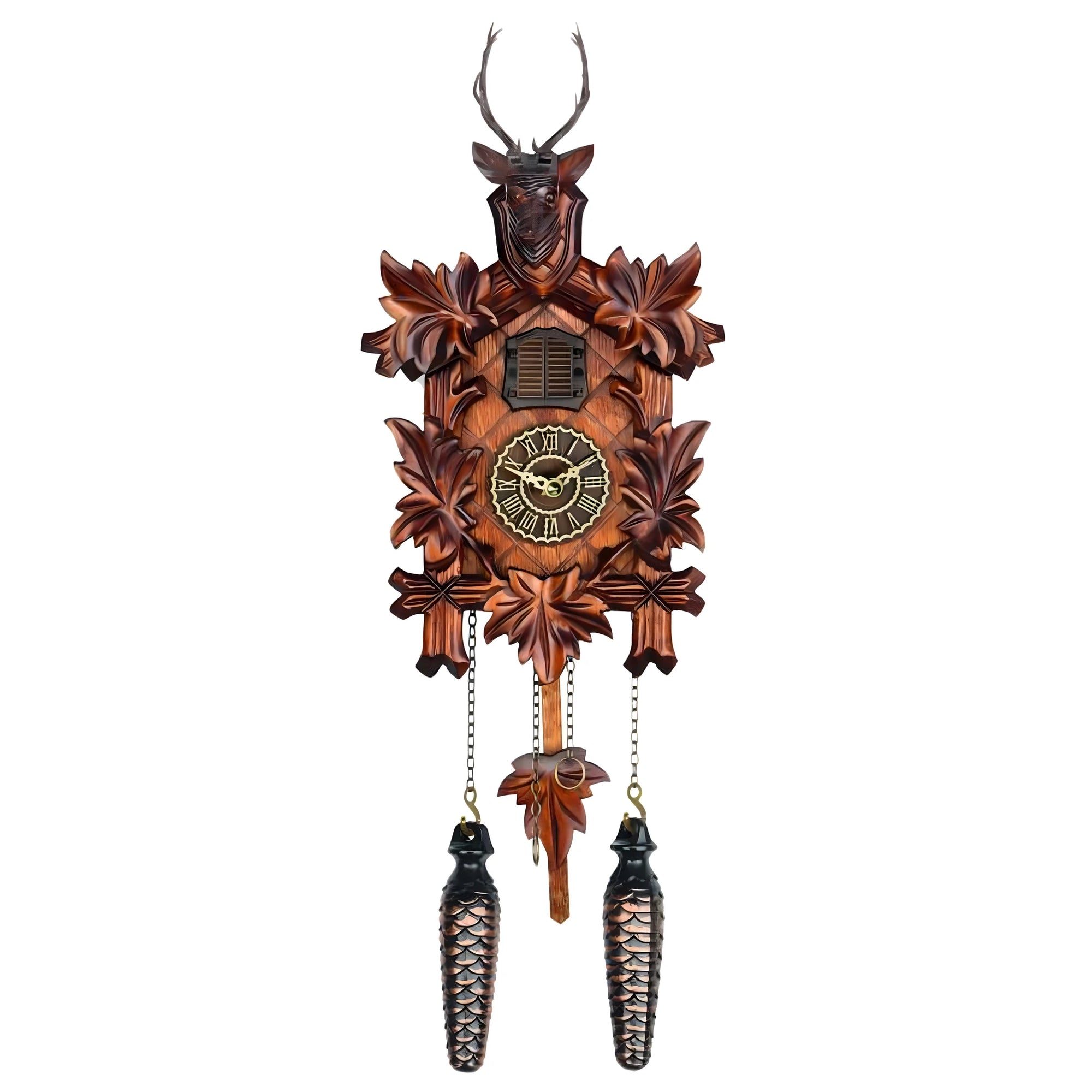 Horloge Coucou Artisanale en Bois avec Tête de Cerf et Sculptures de Chêne