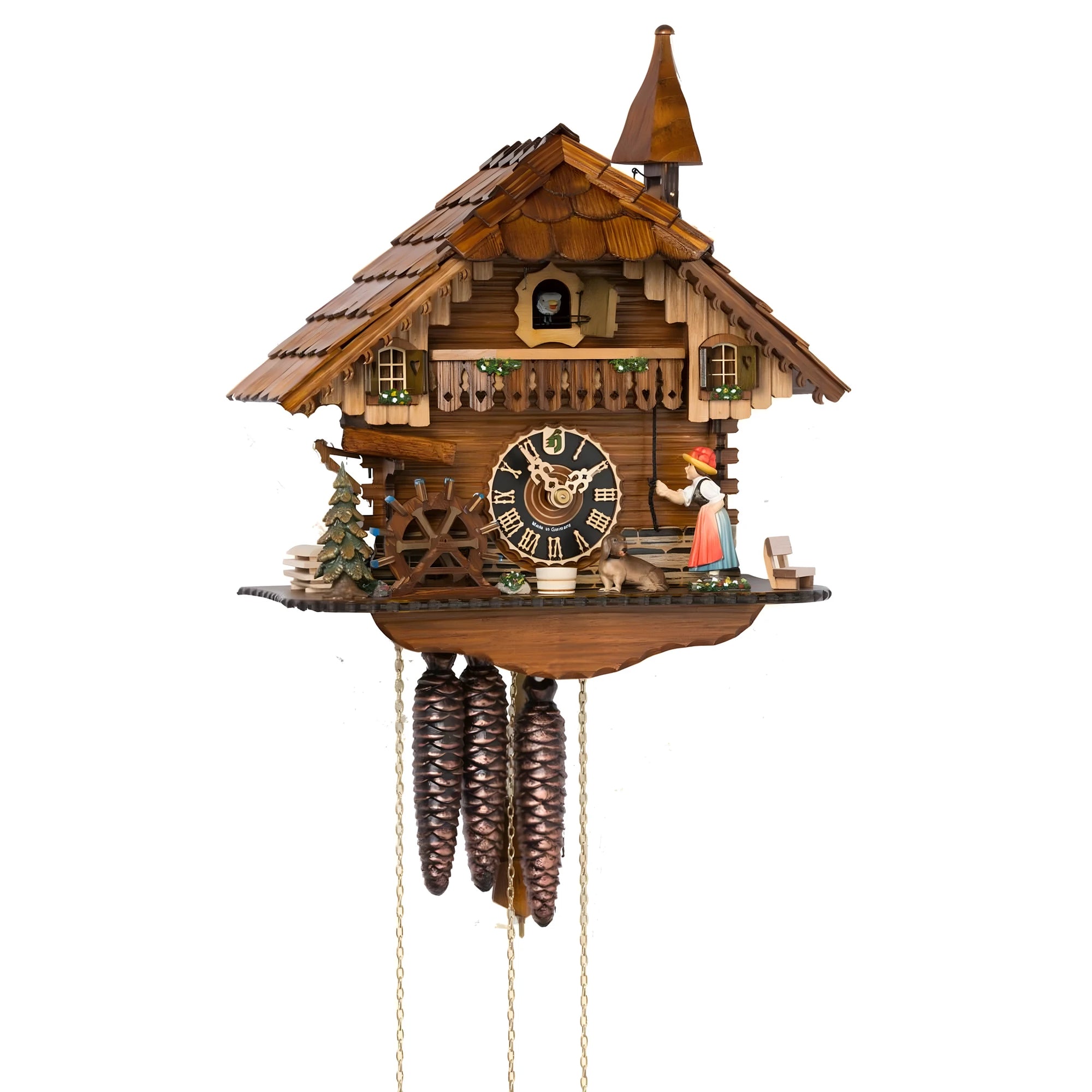 Carved Wooden Mechanical Cuckoo Clock | Alpine Scene and Water Mill