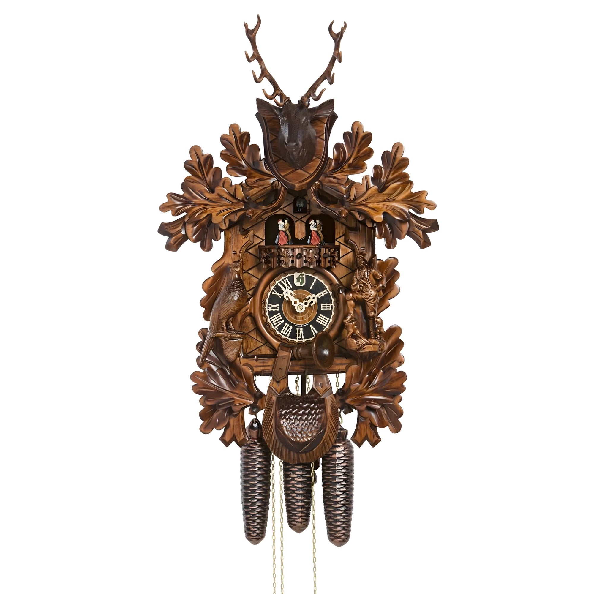 Linden Wood Carved Cuckoo Clock Alpine Hunting Theme