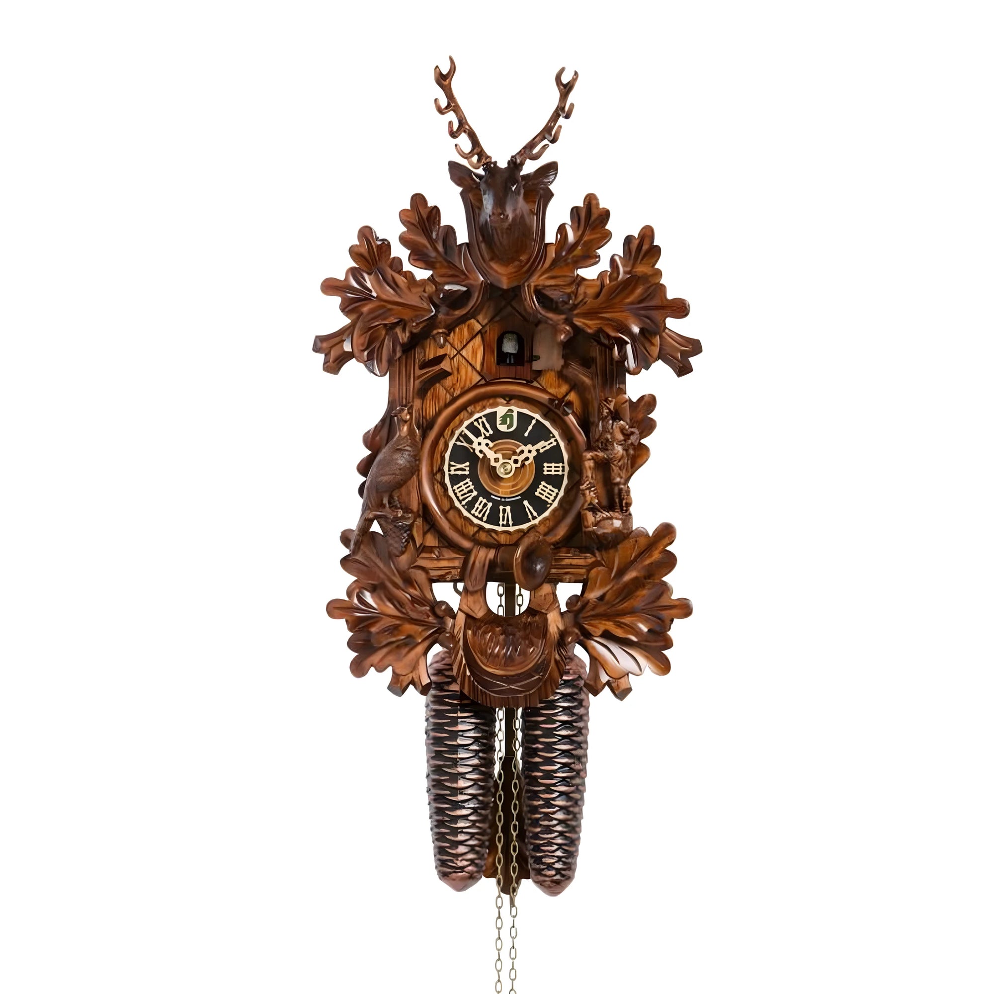 Luxury Carved Wooden Cuckoo Clock | Val Gardena Hunting Theme