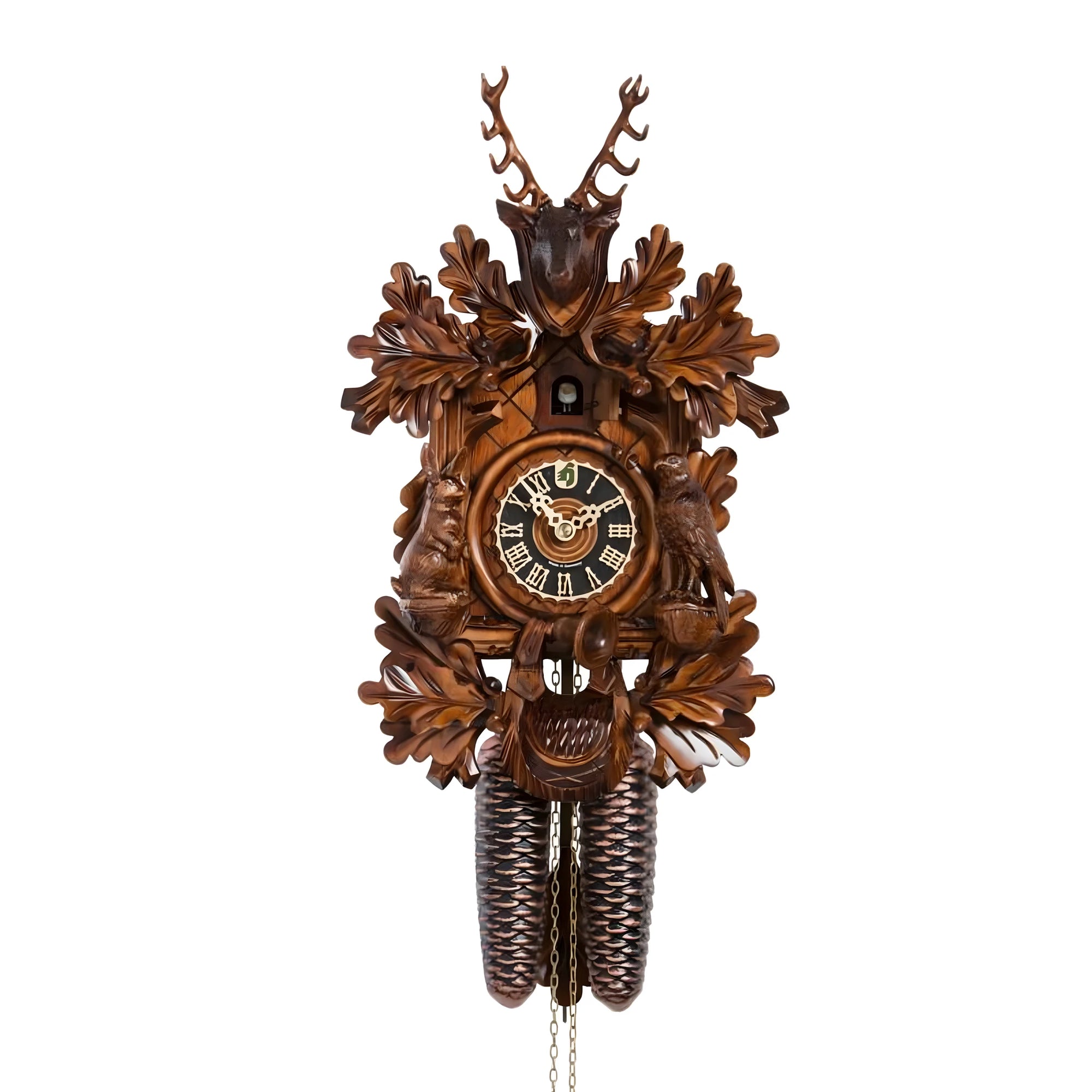 Carved Wooden Cuckoo Clock, Classic Black Forest and Hunting Theme