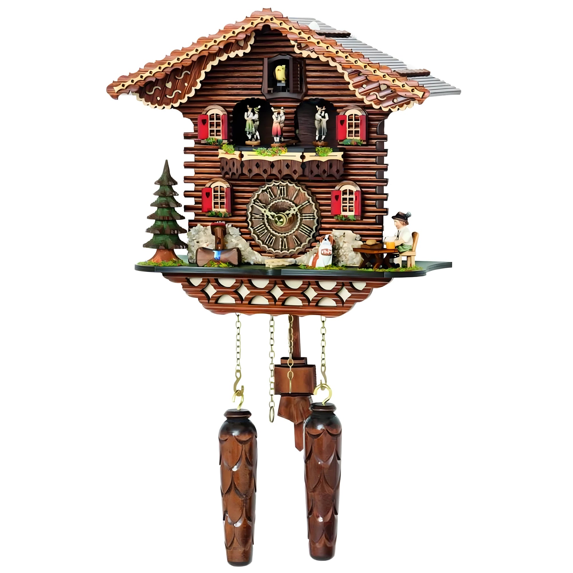 Montre à coucou en bois sculpté: Scène alpine et chalet suisse 30 cm
