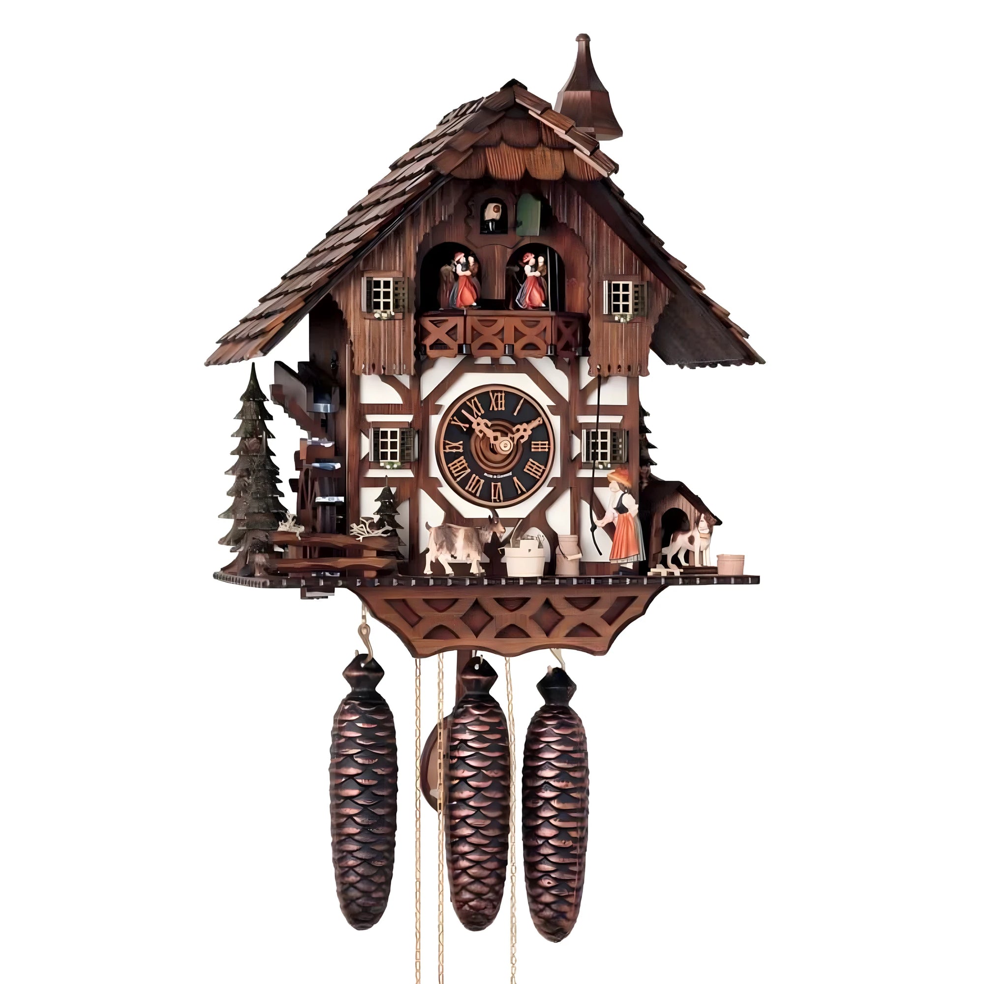 Carved Wooden Cuckoo Clock: Pastoral Scene and Black Forest Dancers