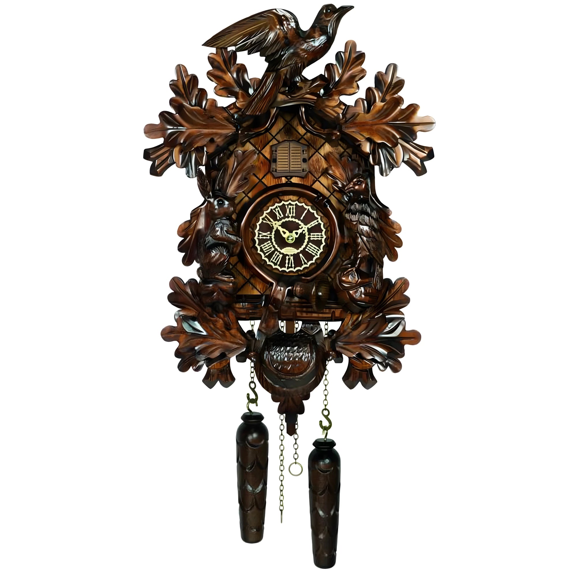 Horloge Coucou en Bois Sculpté: Scène de Chasse et Animaux de la Forêt