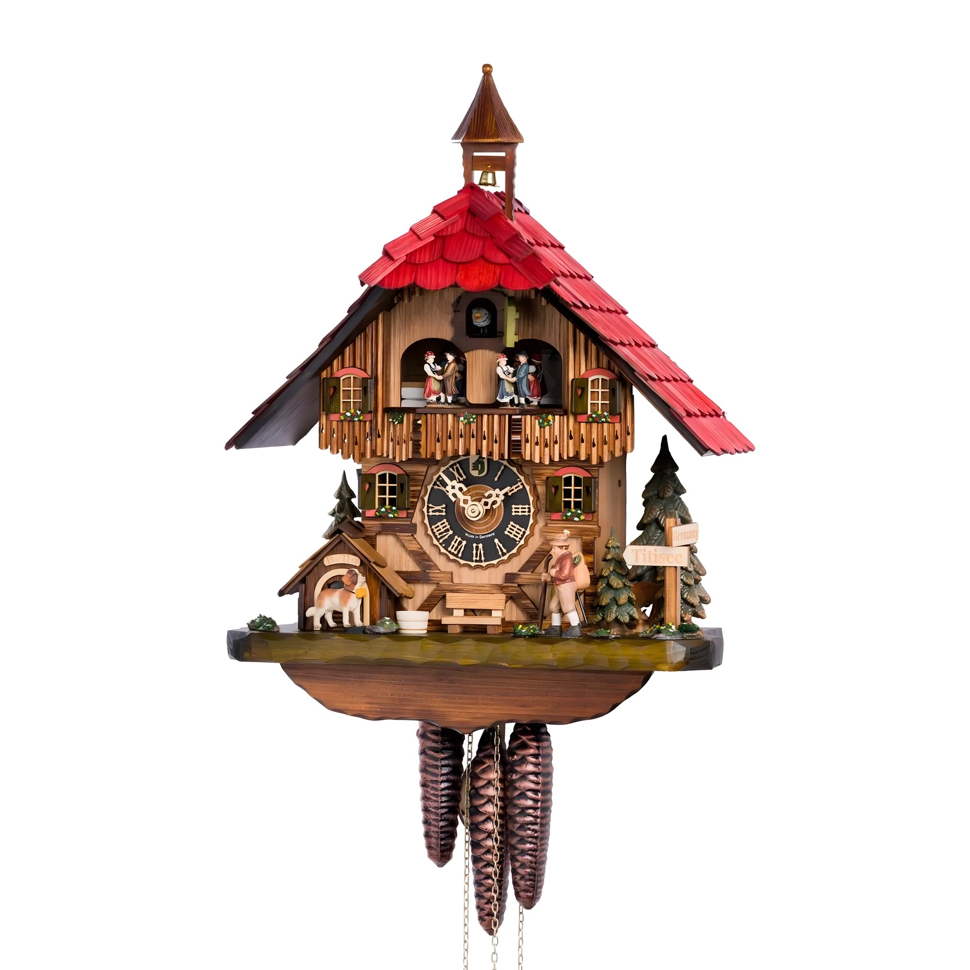 Carved Wooden Cuckoo Clock, Alpine Festival Scene and Traditional Chalet
