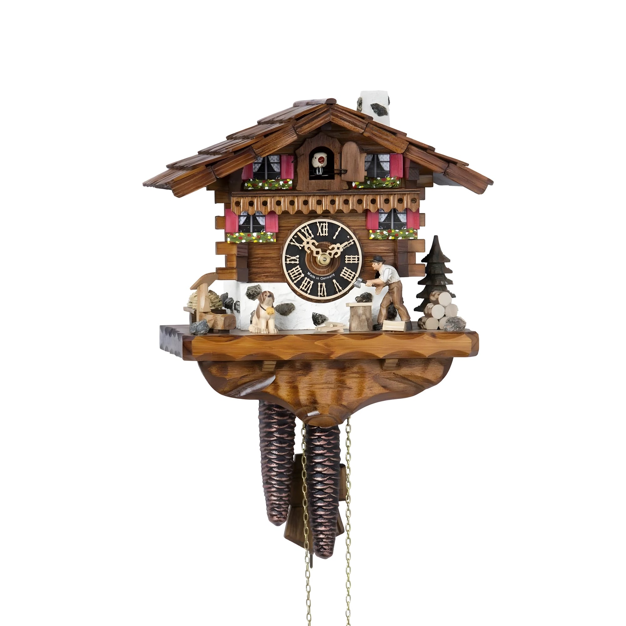 Carved Wooden Cuckoo Clock with Alpine Scene: Woodcutter and Dog