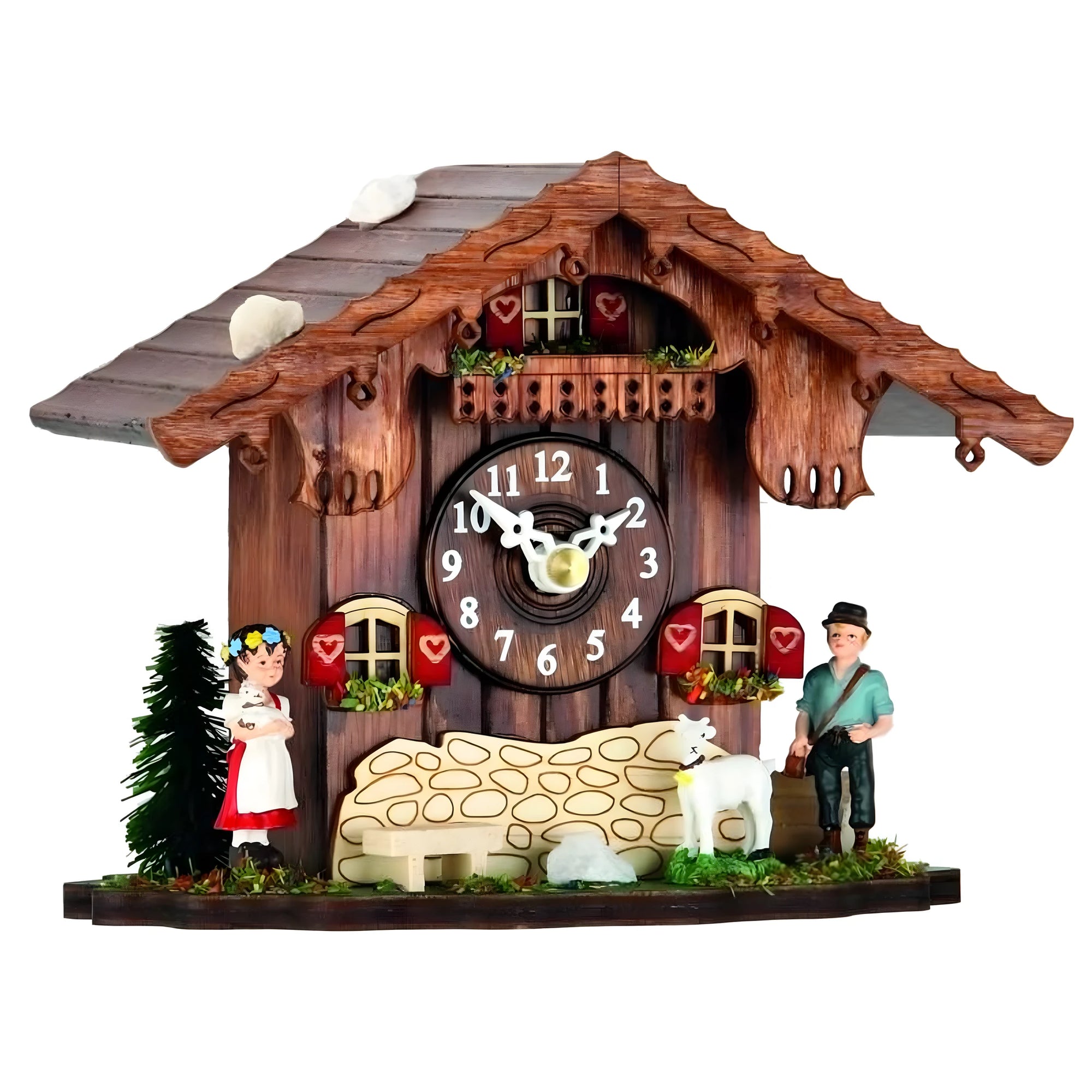 Kuckucksuhr aus geschnitztem Holz mit pastoraler Szene | Almhütte Grödnertal