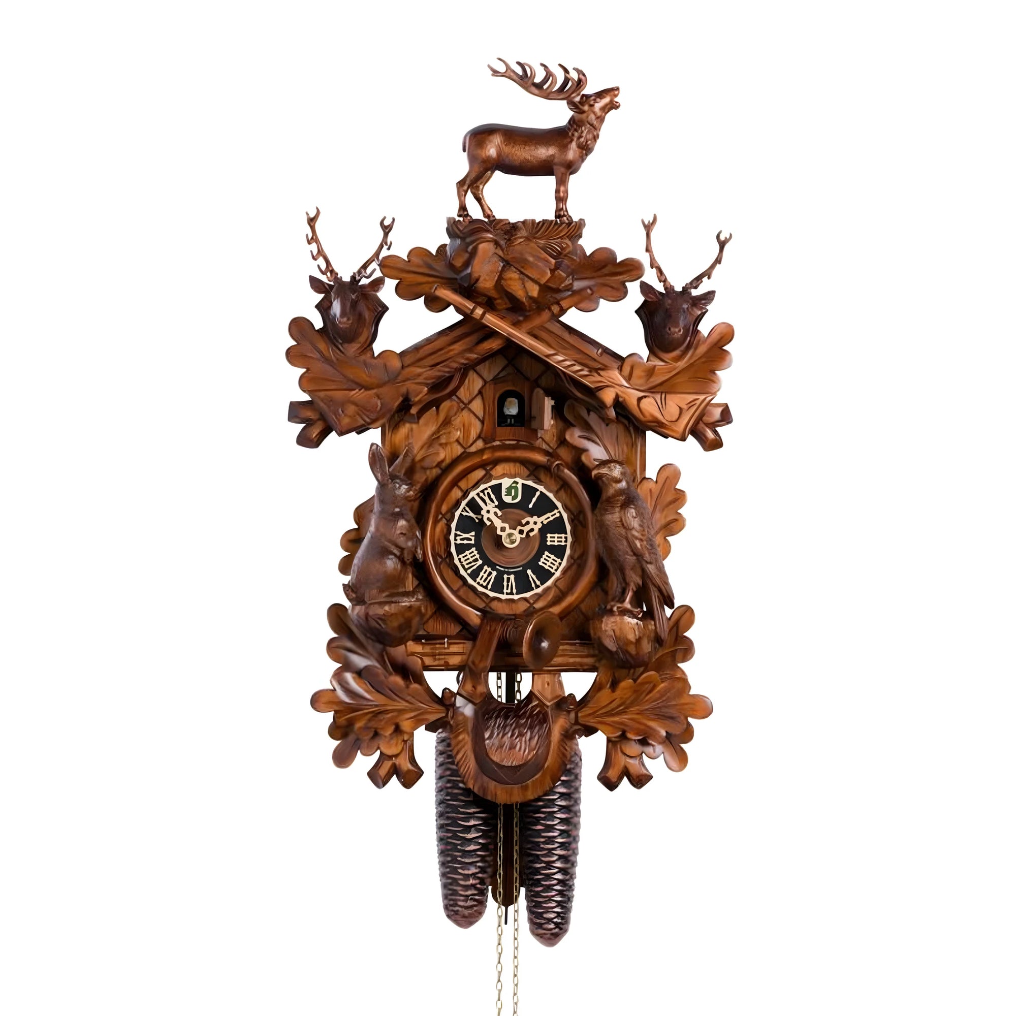 Maple Wood Cuckoo Clock Carved Hunting and Forest Scene