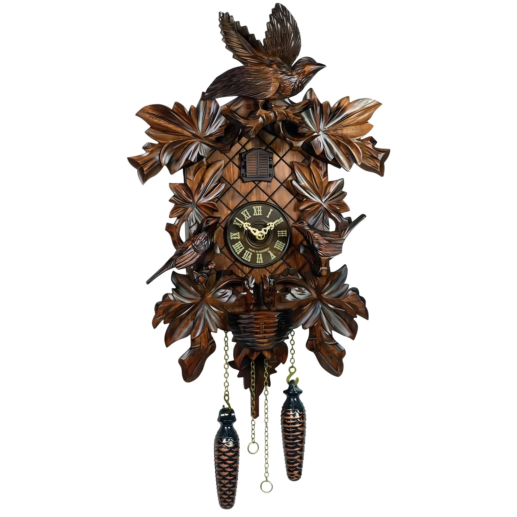 Horloge Coucou en Bois d'Érable, Sculpture Oiseaux et Chêne - 46 cm