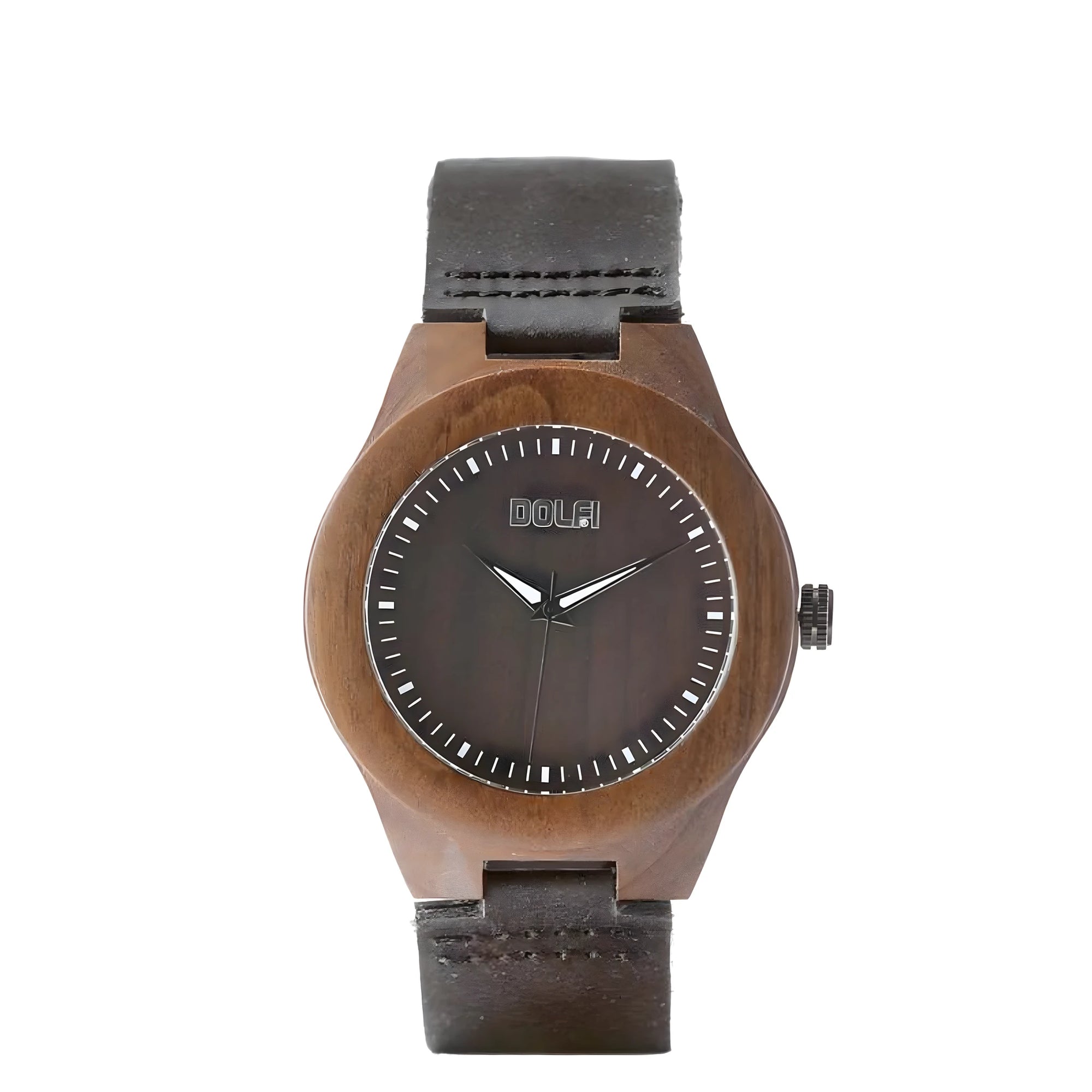 Orologio in legno artigianale, Modello Wolf, con cinturino in vera pelle