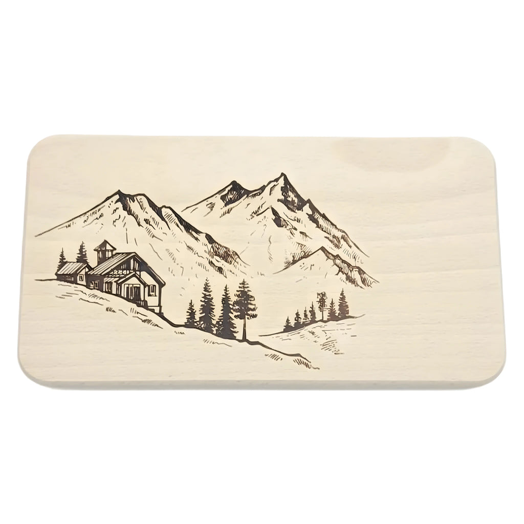 Pannello Decorativo in Legno Pirografato - Scena Alpina e Baita della Val Gardena
