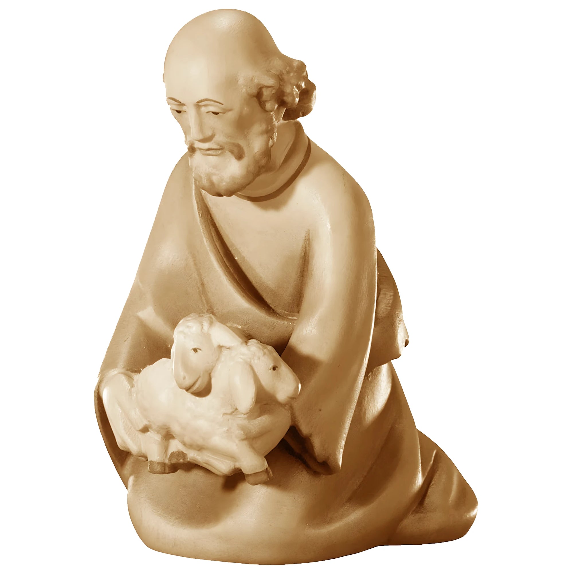 Kneeling Shepherd with Lambs | Wooden Statue from Val Gardena