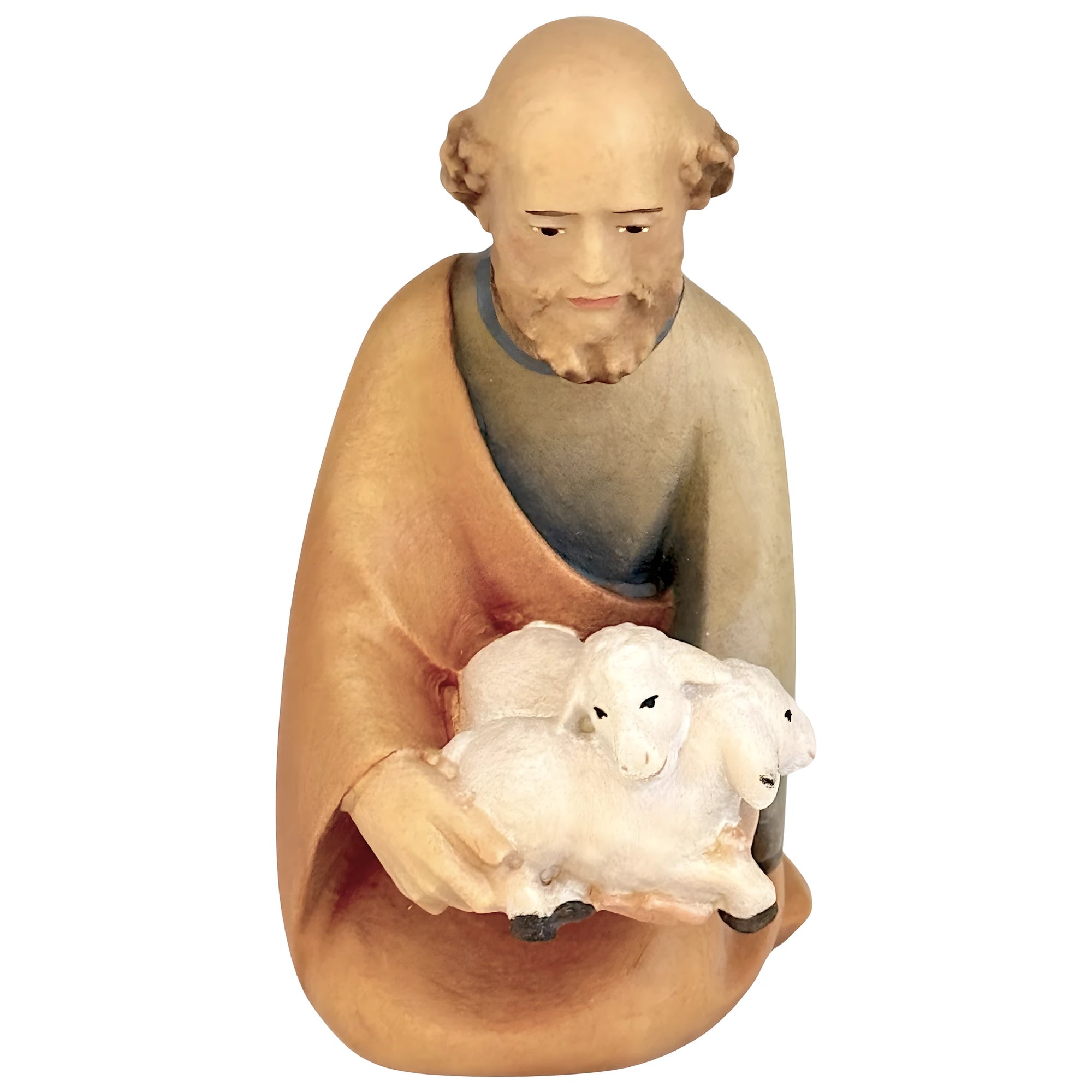 Kneeling Shepherd with Lambs | Wooden Statue from Val Gardena