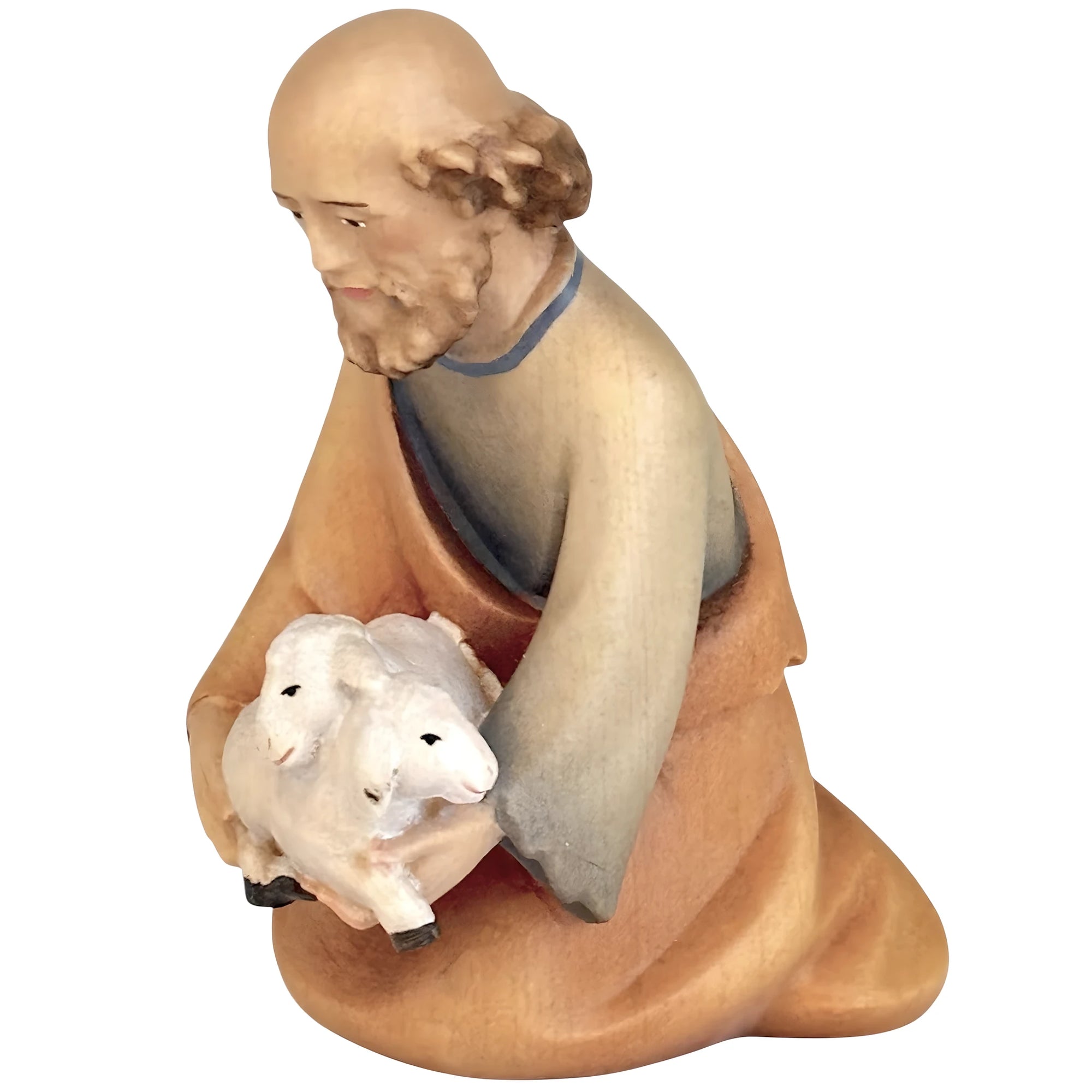 Kneeling Shepherd with Lambs | Wooden Statue from Val Gardena