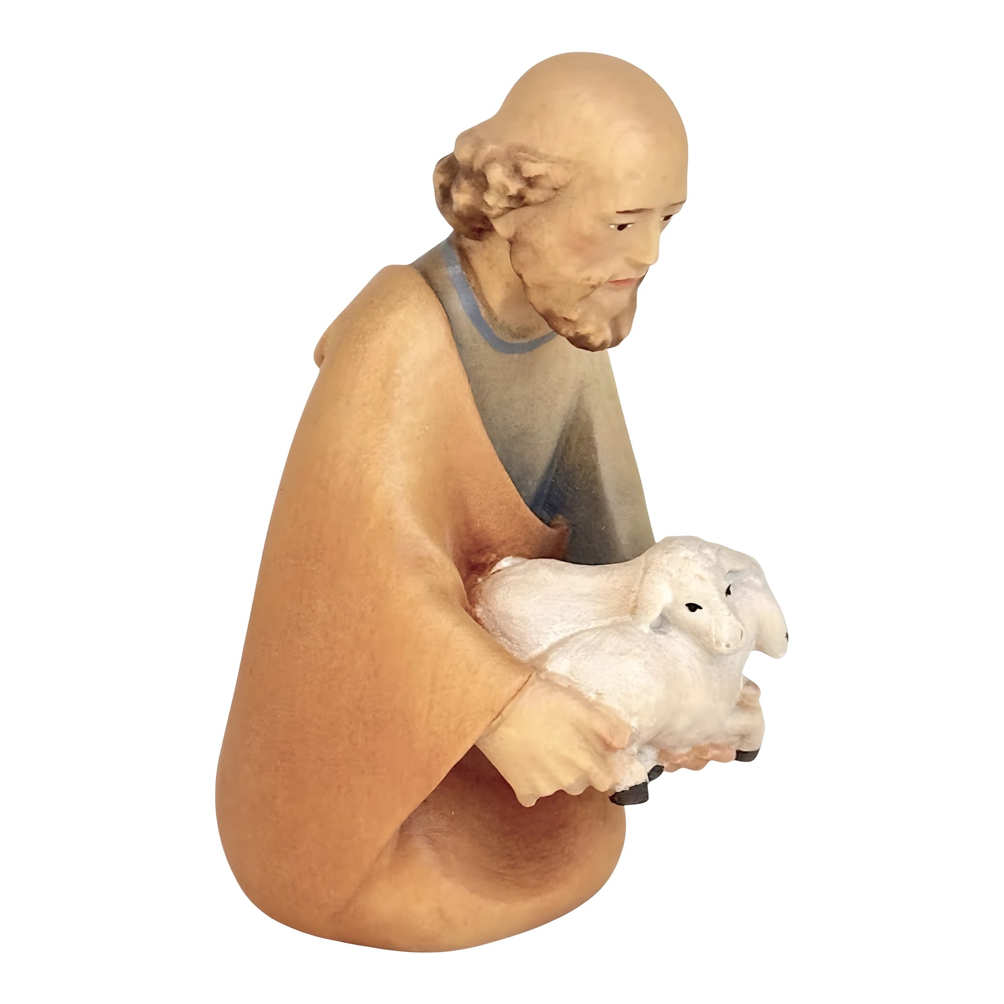 Kneeling Shepherd with Lambs | Wooden Statue from Val Gardena