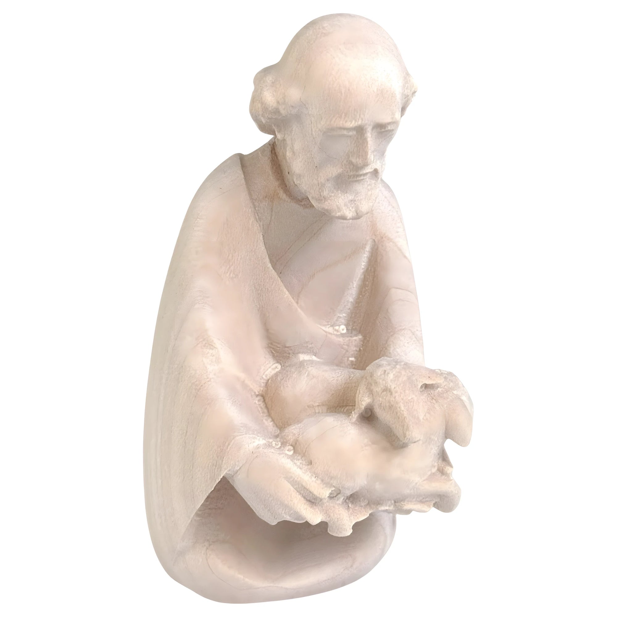 Kneeling Shepherd with Lambs | Wooden Statue from Val Gardena