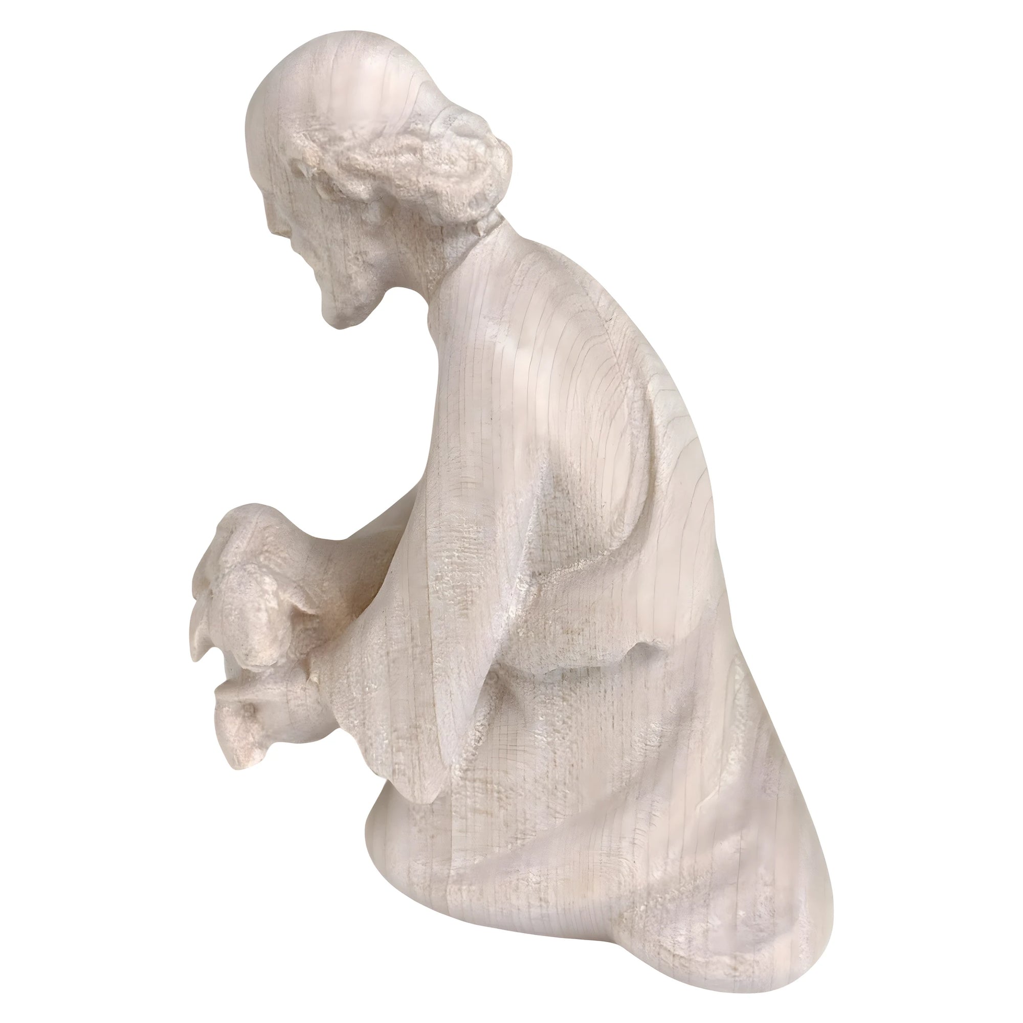 Kneeling Shepherd with Lambs | Wooden Statue from Val Gardena