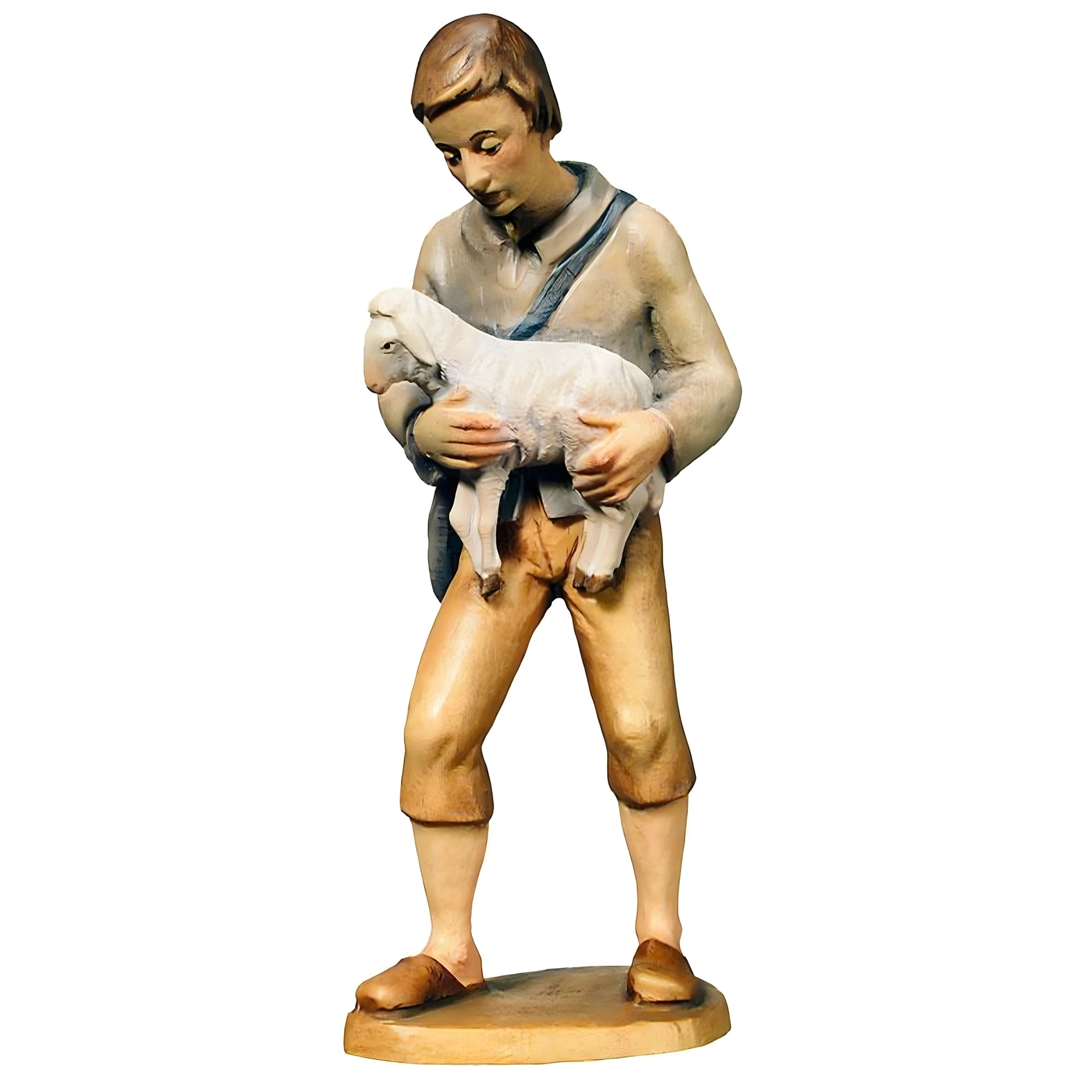 Shepherd with Lamb in Maple Wood from Val Gardena, Painted Sculpture