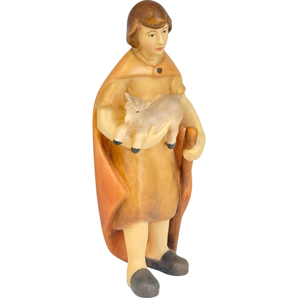 Berger avec Agneau pour Crèche en Bois Sculpté Val Gardena