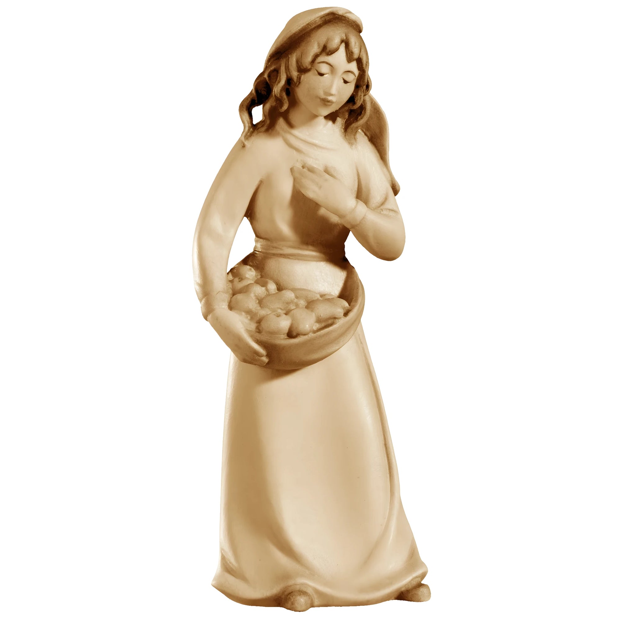 Abundance Shepherdess, Maple Wood Sculpture for Val Gardena nativity scene