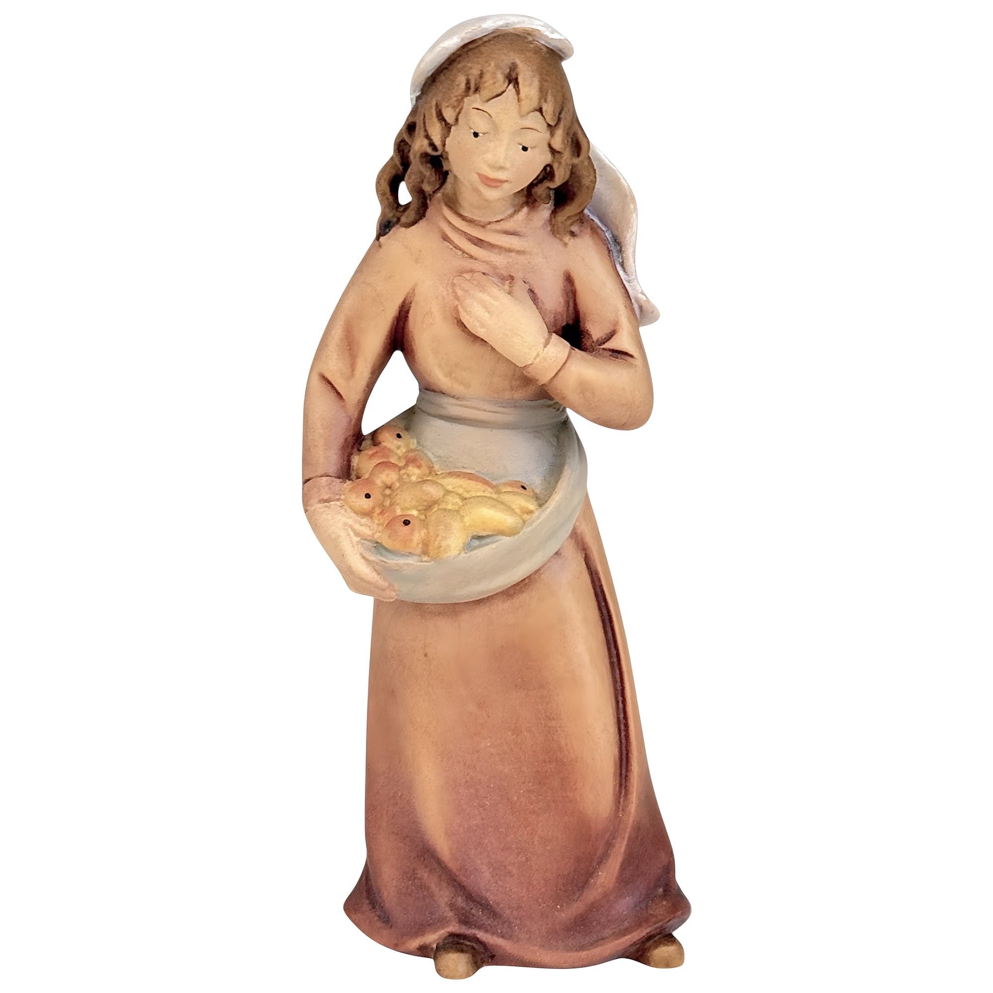 Abundance Shepherdess, Maple Wood Sculpture for Val Gardena nativity scene