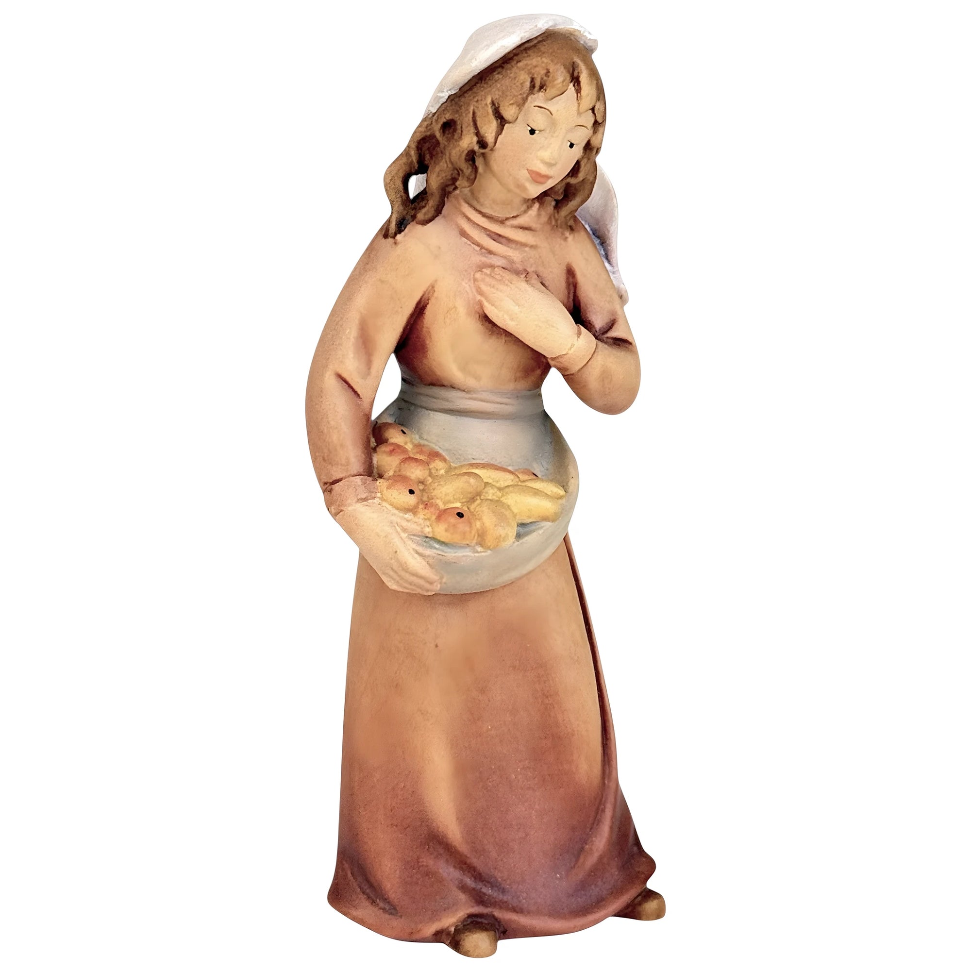 Abundance Shepherdess, Maple Wood Sculpture for Val Gardena nativity scene