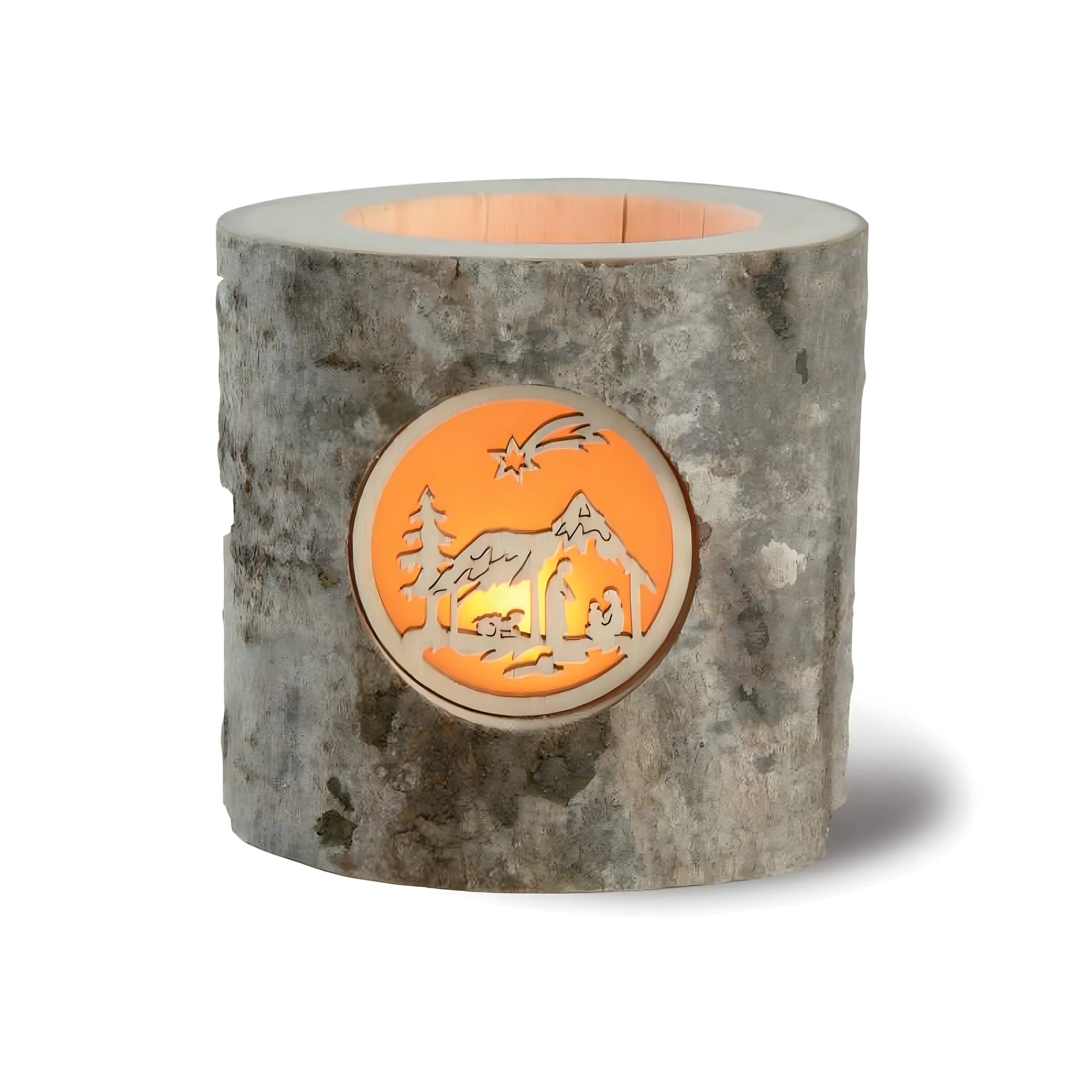 Nativity Candle Holder: Sacred Scene Carved on Natural Wooden Tree Trunk