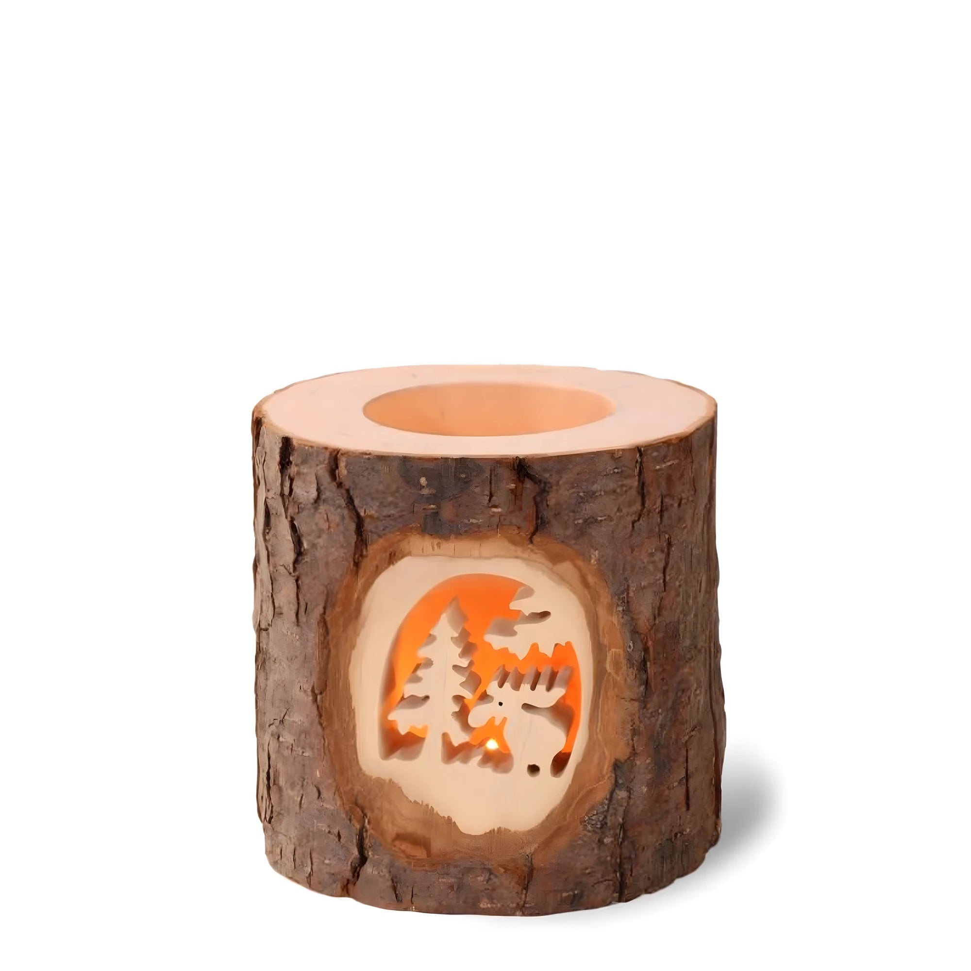 Natural Wooden Candle Holder with Bark | Woodland and Deer Silhouette Carving